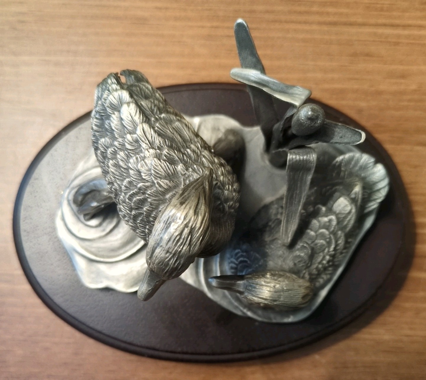 Vintage 1976 Fine Pewter Duck Sculpture by Lance Burgues Solid Wood Base 7x 5.5
