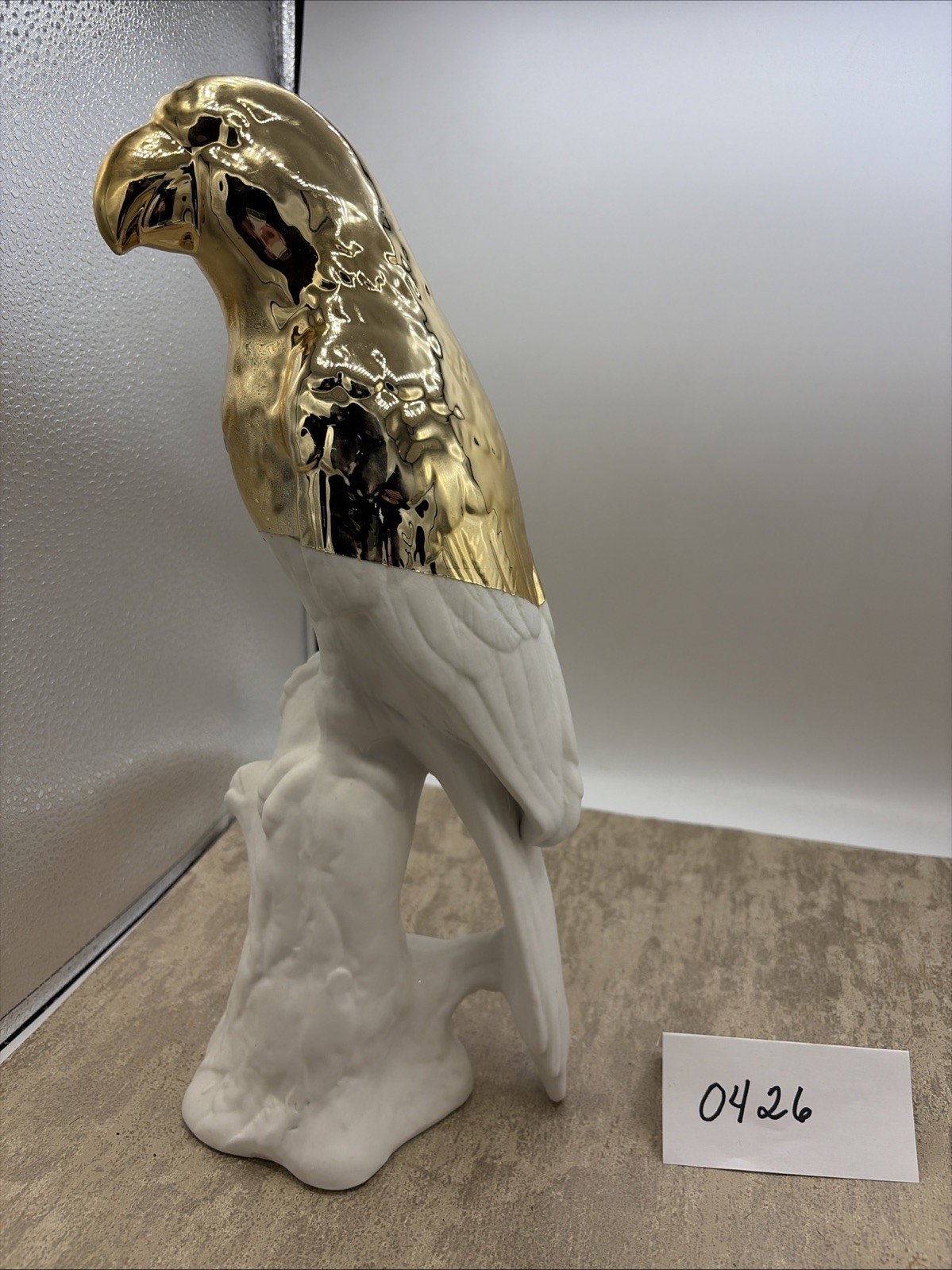 White Ceramic Parrot Statue With Guilded Top Accent 14” Tall