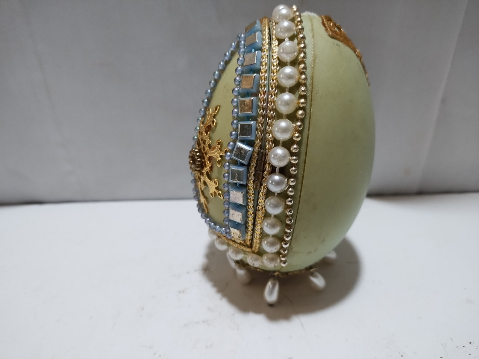 Vintage Diorama Easter Egg Man Fishing W/Child Dog Hinged Door Beaded Goose Egg