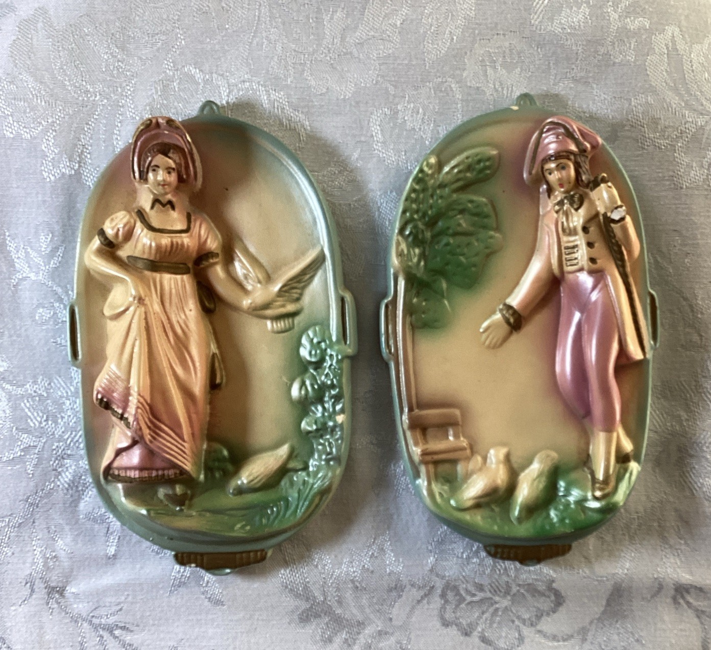 Vintage MCM Pair Courting Couple Chalkware Plaques Pearlescent 1950s Pastels