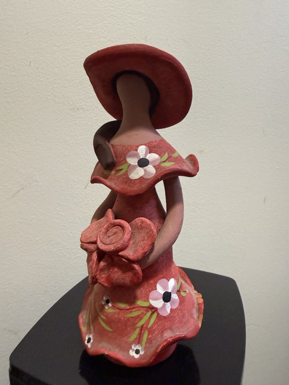 Hand Painted Resin Woman Figurine, Red Dress & Hat, Floral, Matte Finish