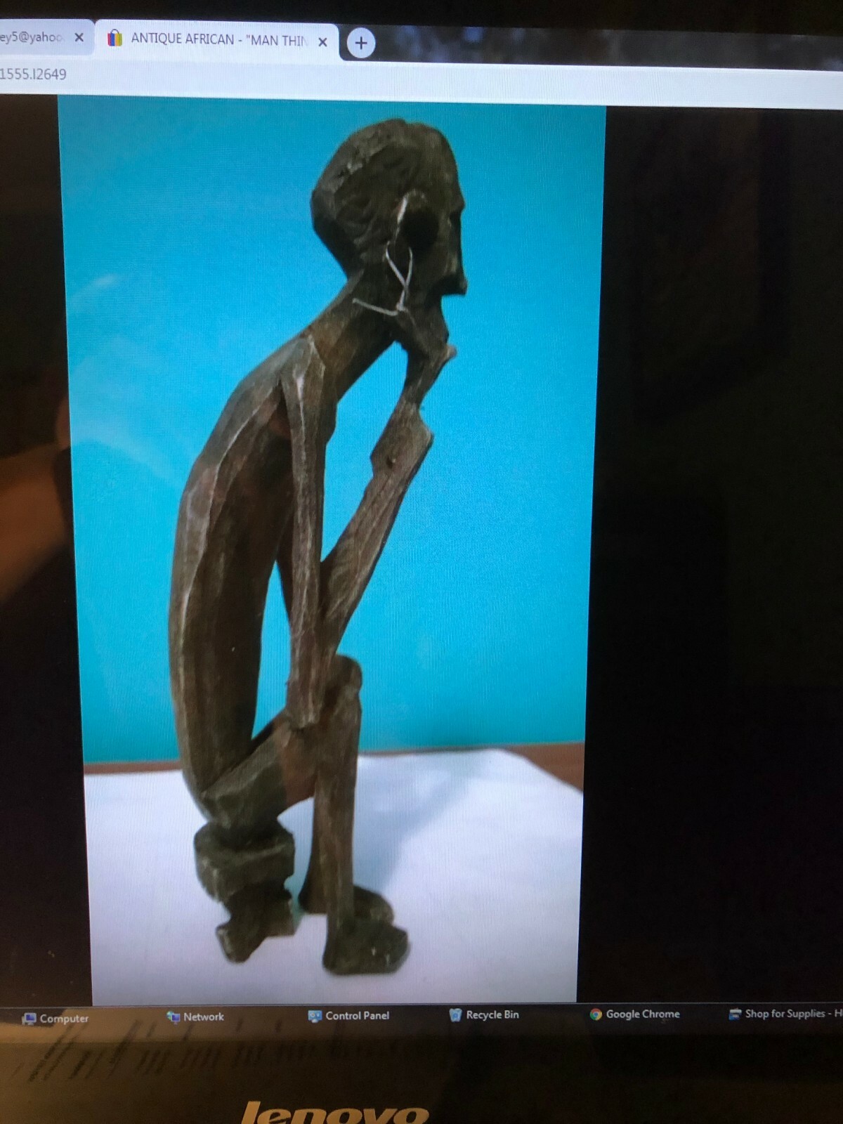 ANTIQUE AFRICAN – “MAN THINKING ON STOOL” WOOD FIGURINE 12 “H , 6.4 Oz..