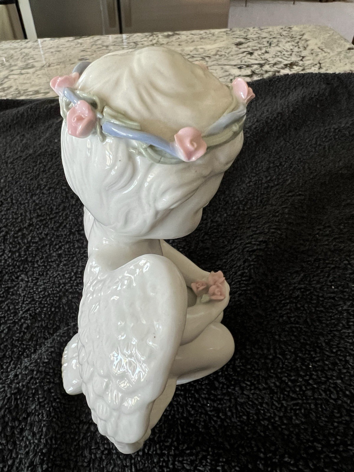 White Glazed Porcelain Cherub Angel Figurine Pink Roses Floral Crown Sitting