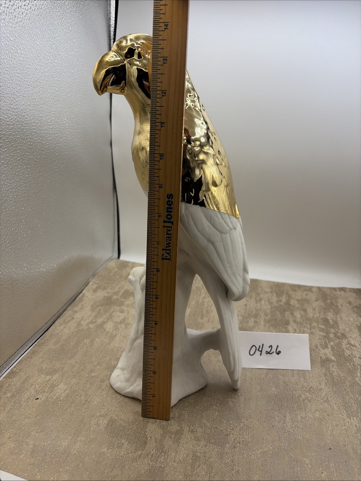 White Ceramic Parrot Statue With Guilded Top Accent 14” Tall