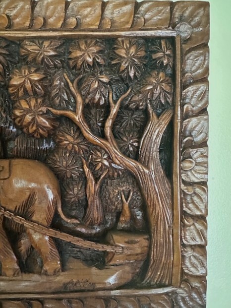 Vintage Thailand Elephants Dragging Logs Hand Carved Teak Wood Wall Hanging Art