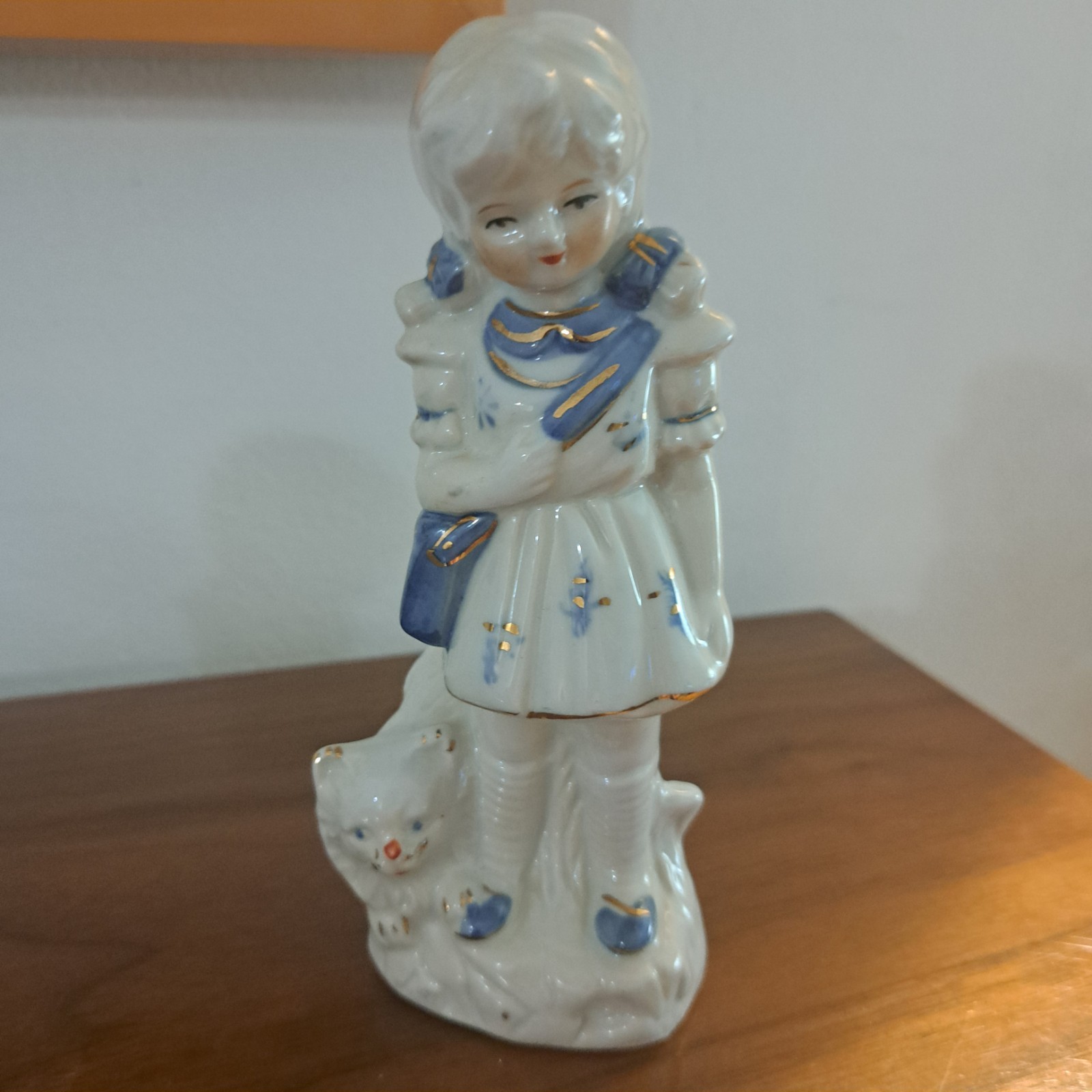 Vintage Blue And White Schoolgirl With Bag And Dog Goldtone Accents Red Lips