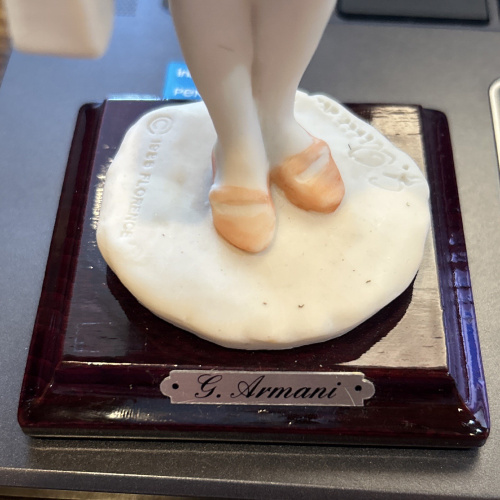 G. Armani Porcelain Girl Figurine with Flowers, Wooden Base, Italian, Signed