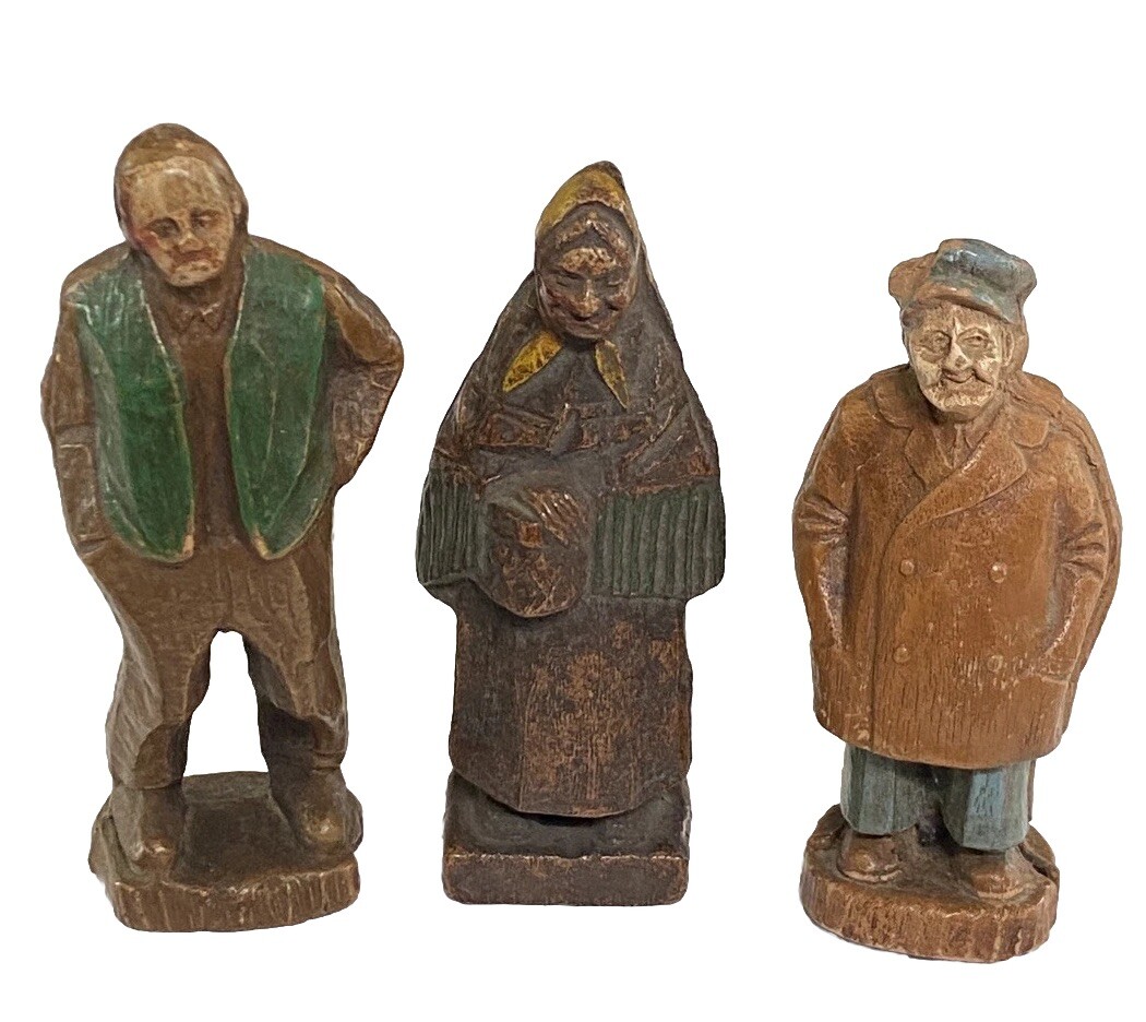 3 Judaica Syroco Wood Figurines Old Woman & Man 1940’s Pulp Wood