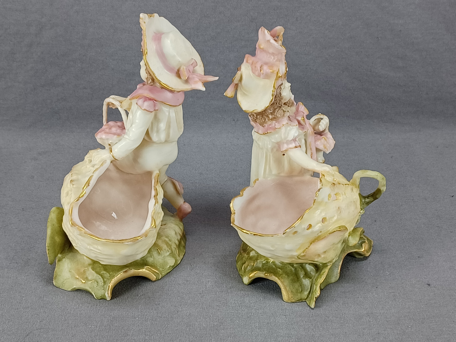 Pair of Ernst Wahliss Art Nouveau Children Floral Figurine Sweet Meat Dishes