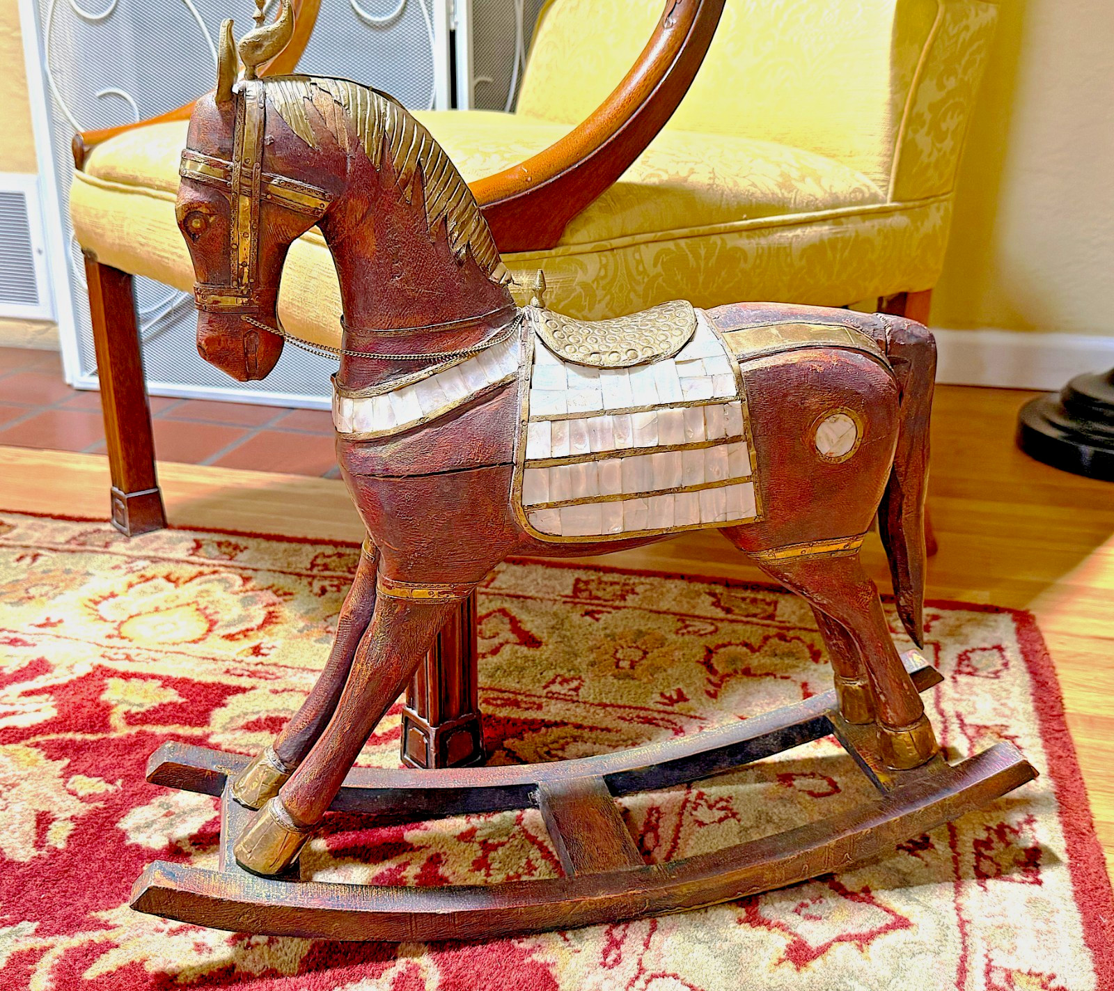 Antique Style Hand Carved Rocking Horse Wood Brass & Mother of Pearl Inlay 21”