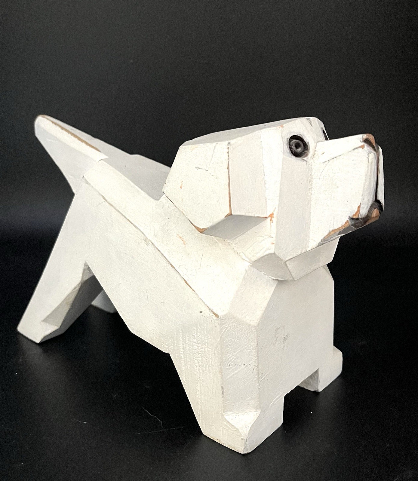 Folk Art Dog White Carved Painted Wood Pointer Farm House Rustic Decor 8.5 in.