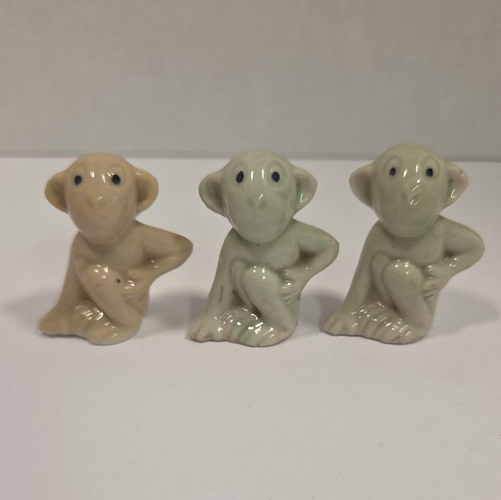 Vintage Japan Porcelain Monkey Figurine Pre-War Gray Glazed Mini lot of 3