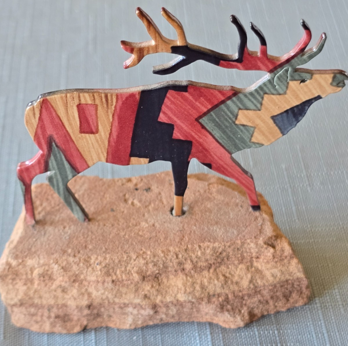 Elk Enameled Steel Figurine on a Sandstone Base, Native American inspired