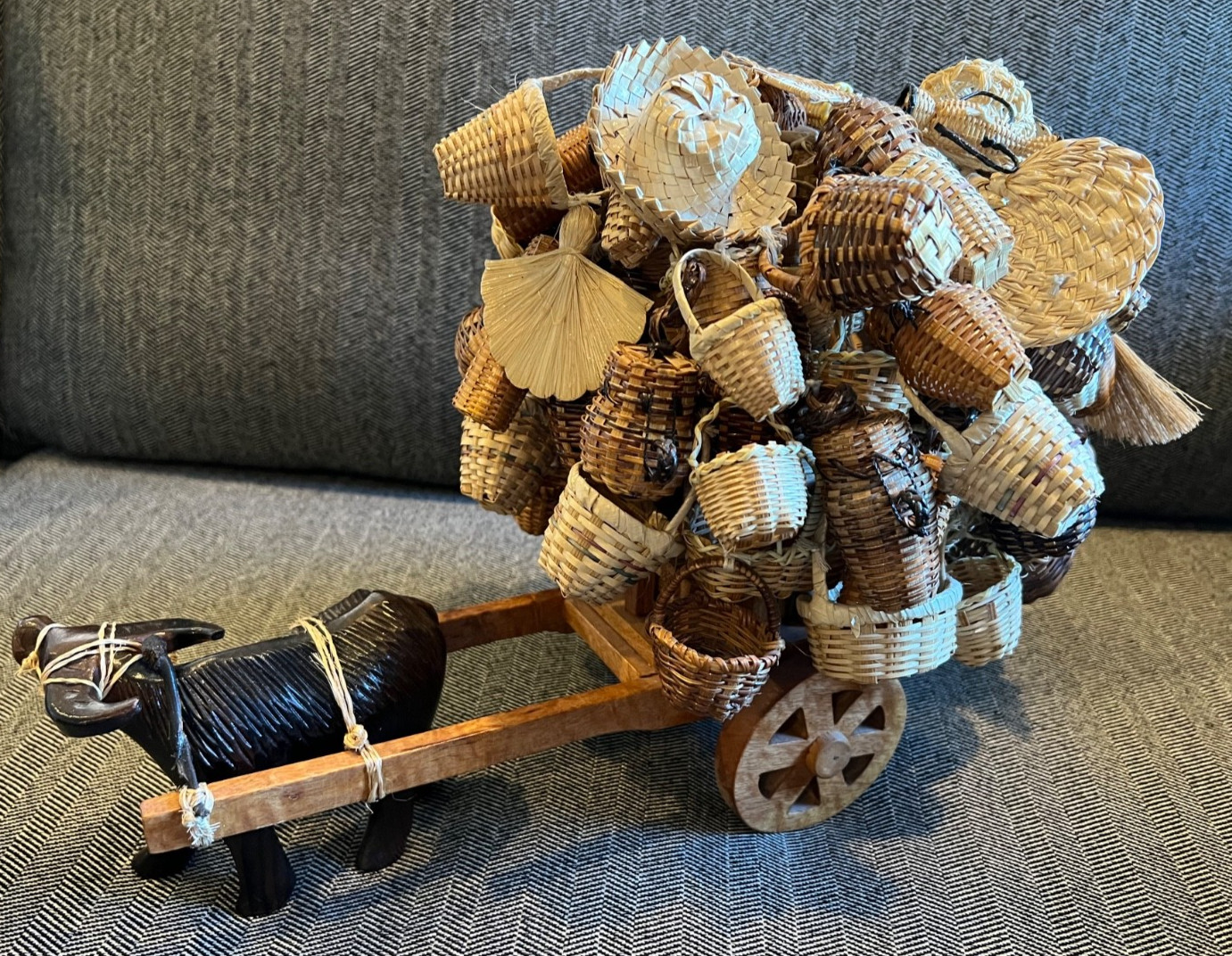 PHILIPPINES Peddler BASKET Cart & OX WOOD STRAW HANDMADE VTG 40+ ASIAN RARE