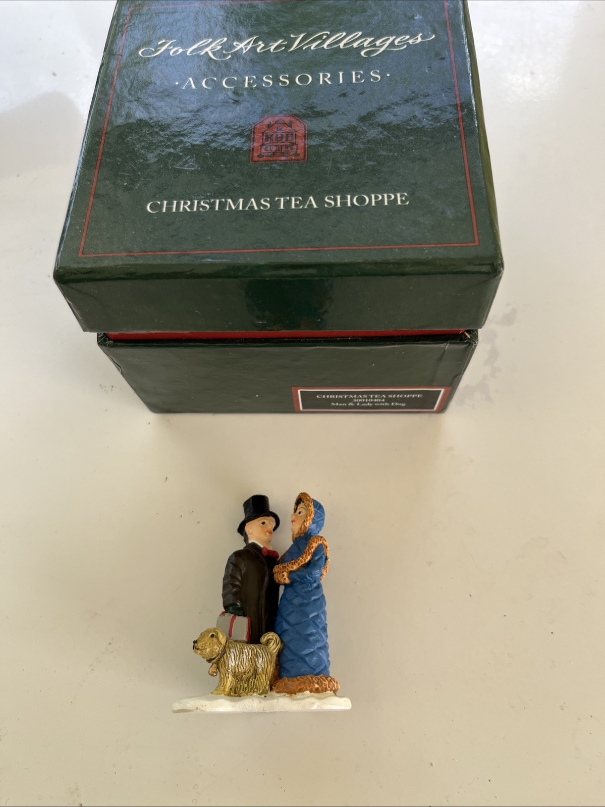 Lang & Wise Folk Art Villages Christmas Tea Shoppe Man & Lady with Dog Figurine