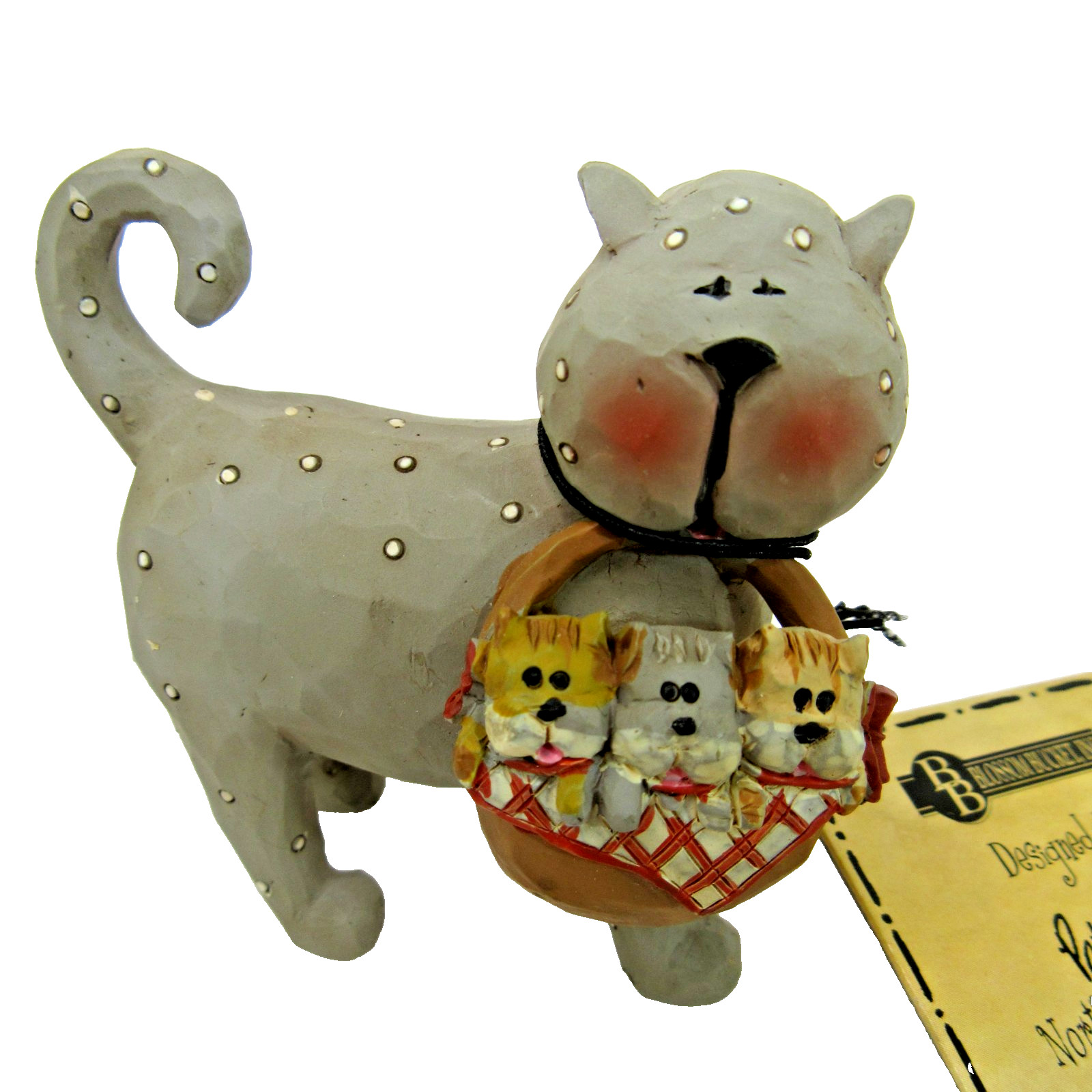 vtg Blossom Bucket artist Pat Olson CAT w/ kitten basket figurine signed 3″ tags