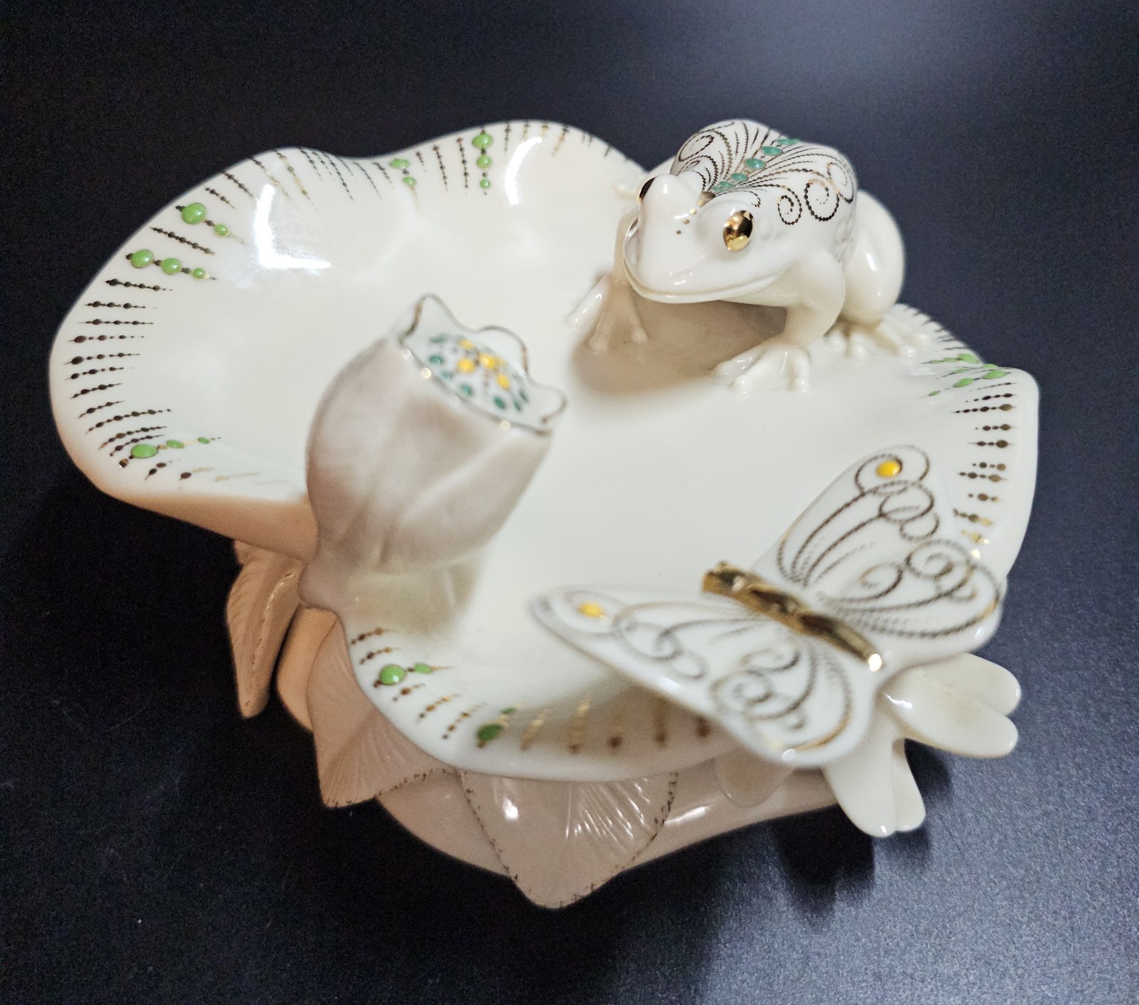 Lenox China Jewels Collection 6″ Frog & Butterfly, Budding Lotus Flower Jeweled