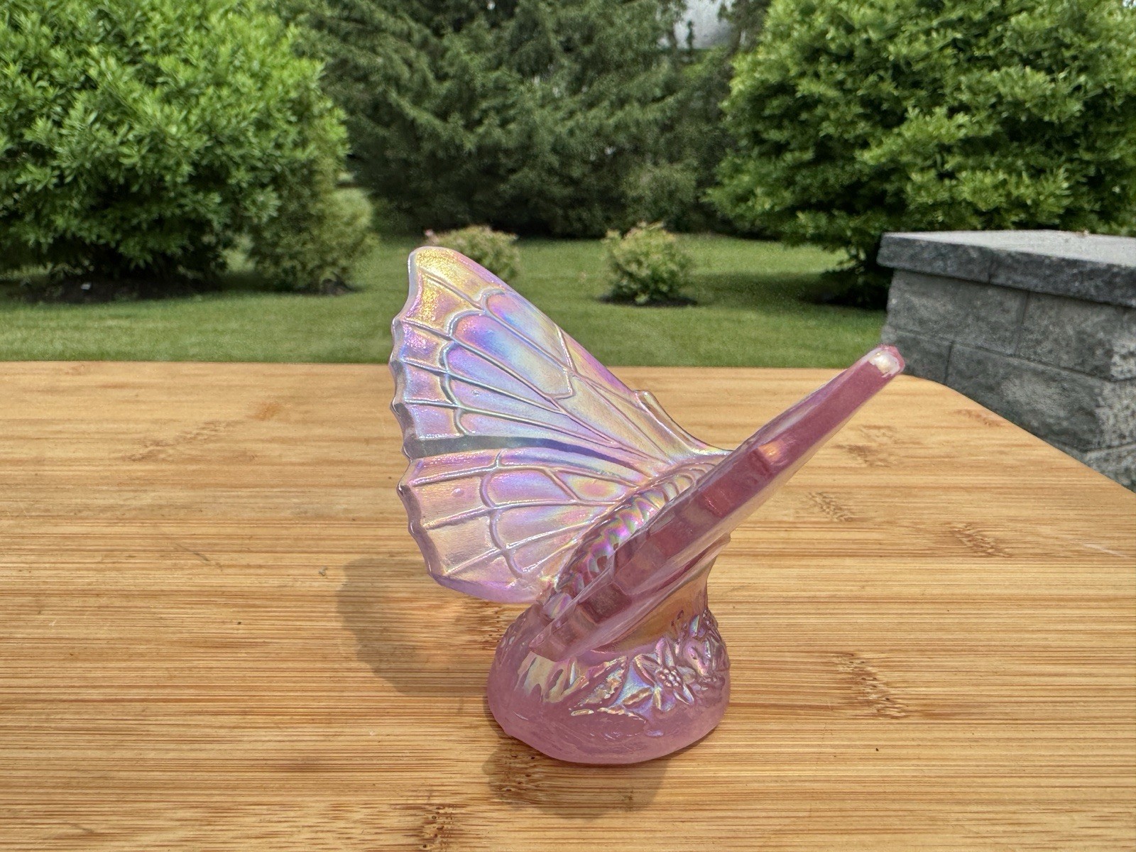 Vtg Fenton Glass Pink Iridescent Butterfly Moth Figurine On Floral Base