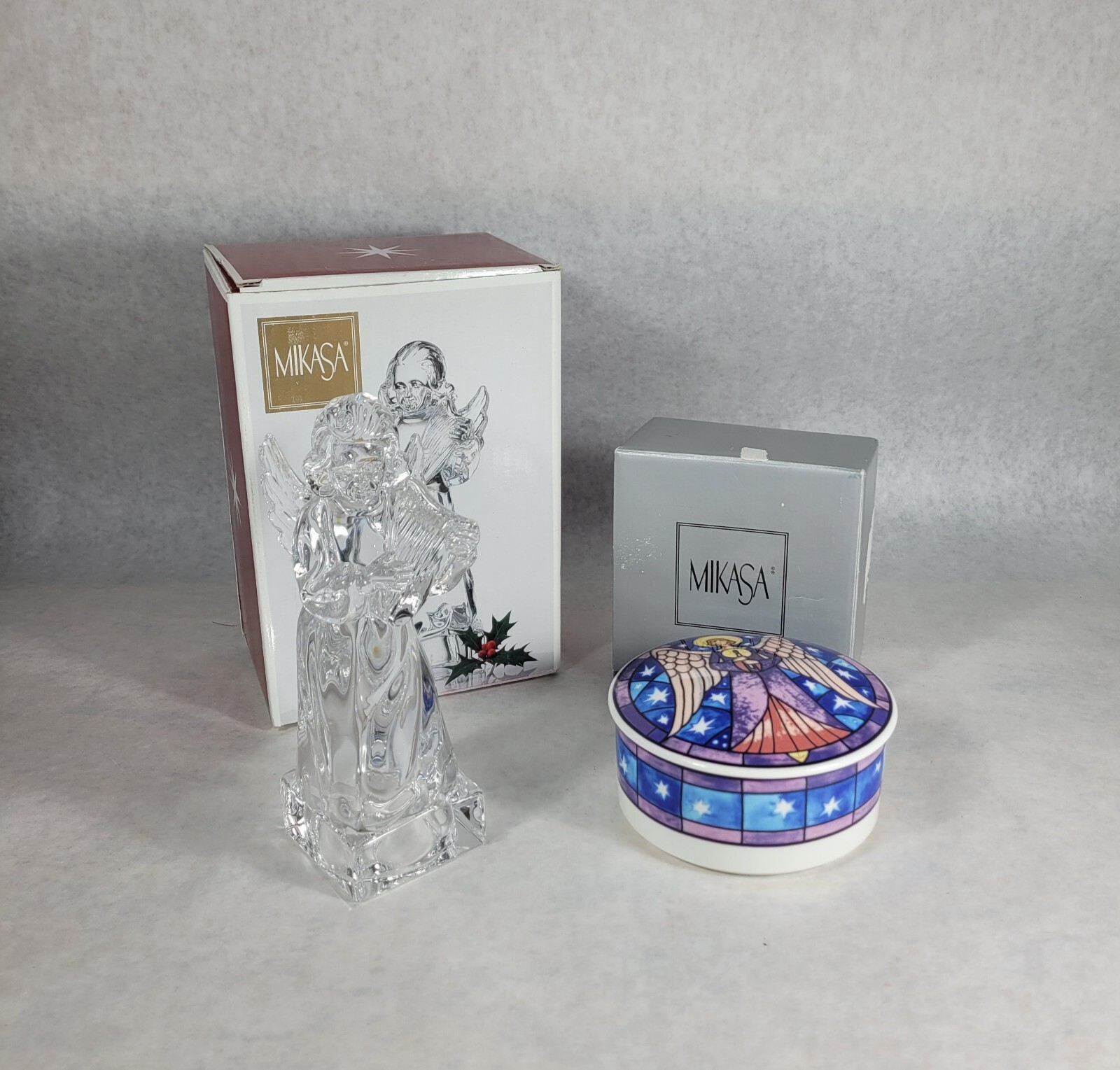 Lot Of 2 Mikasa Clear Crystal Angel Figurine-Porcelain Angel Trinket Jewelry Box