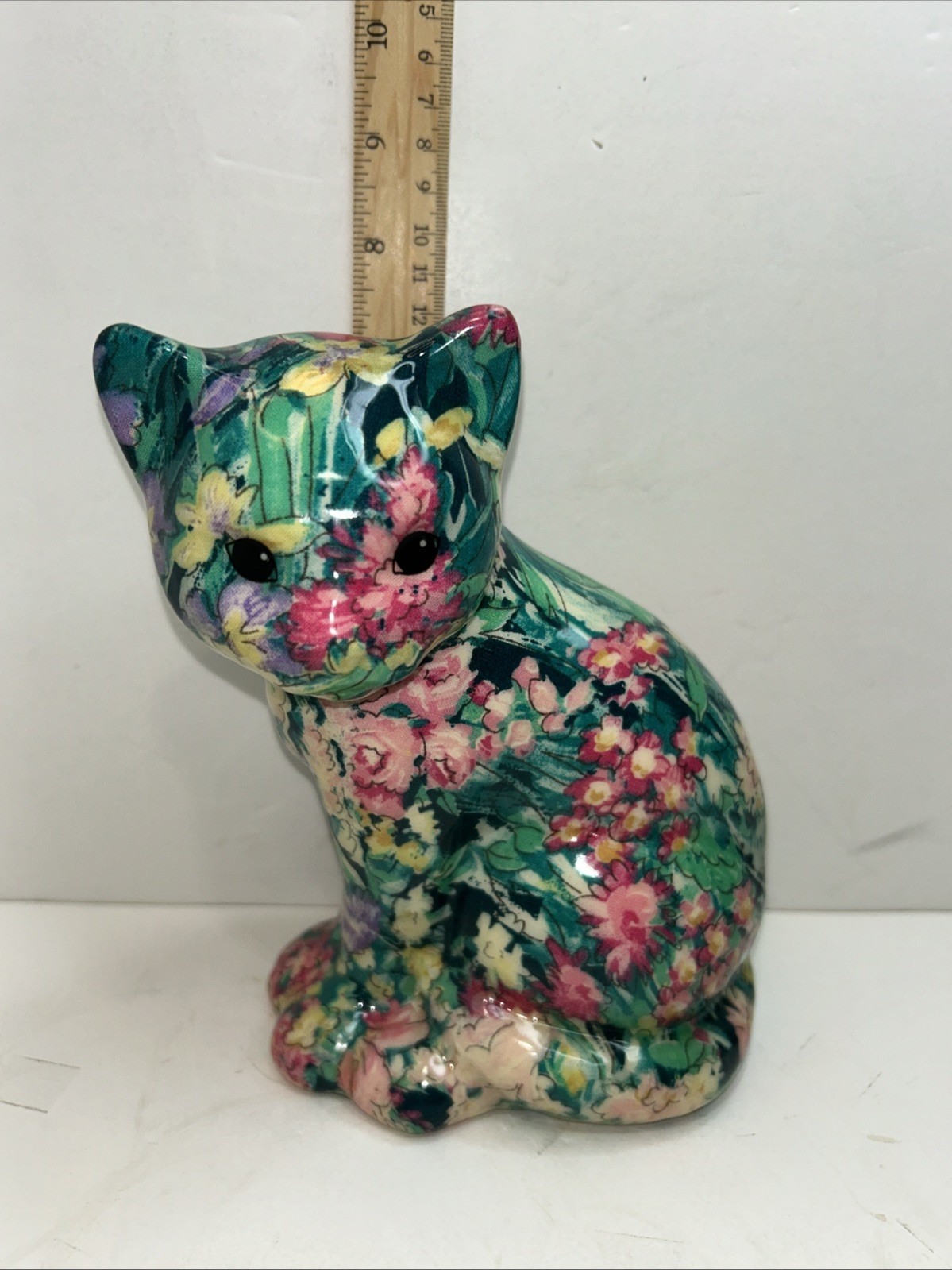 VTG Patchwork Cat Kitty Figurine Joan Baker Designs Floral Pink Green Yellow 7”
