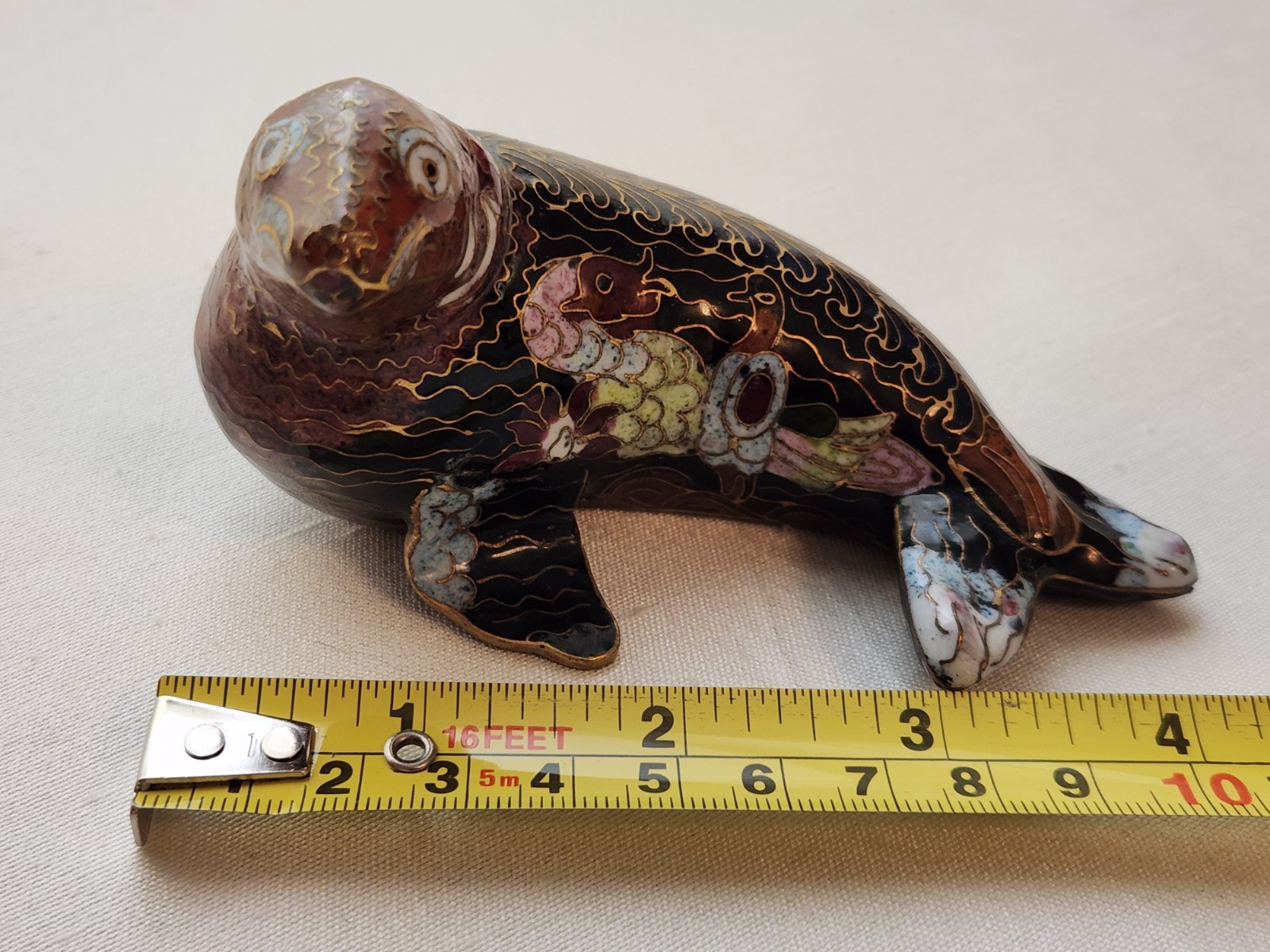 Cloisonne Seal Sea Lion Wood Pedastal Stand Excellent Condition Black Brown Gold