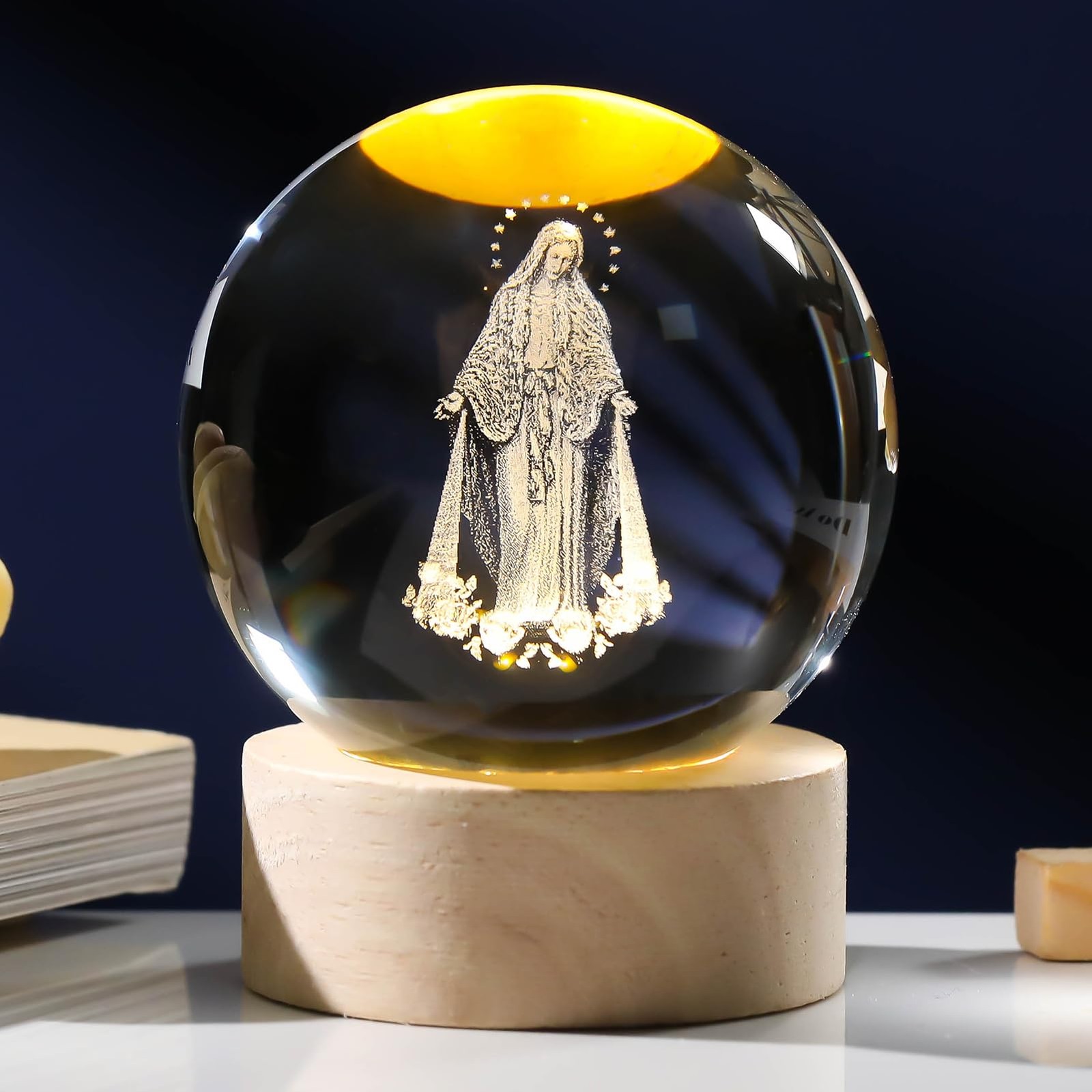 3D Crystal Virgin Mary Statue Figurine W Wooden Base, Laser Etched Crystal