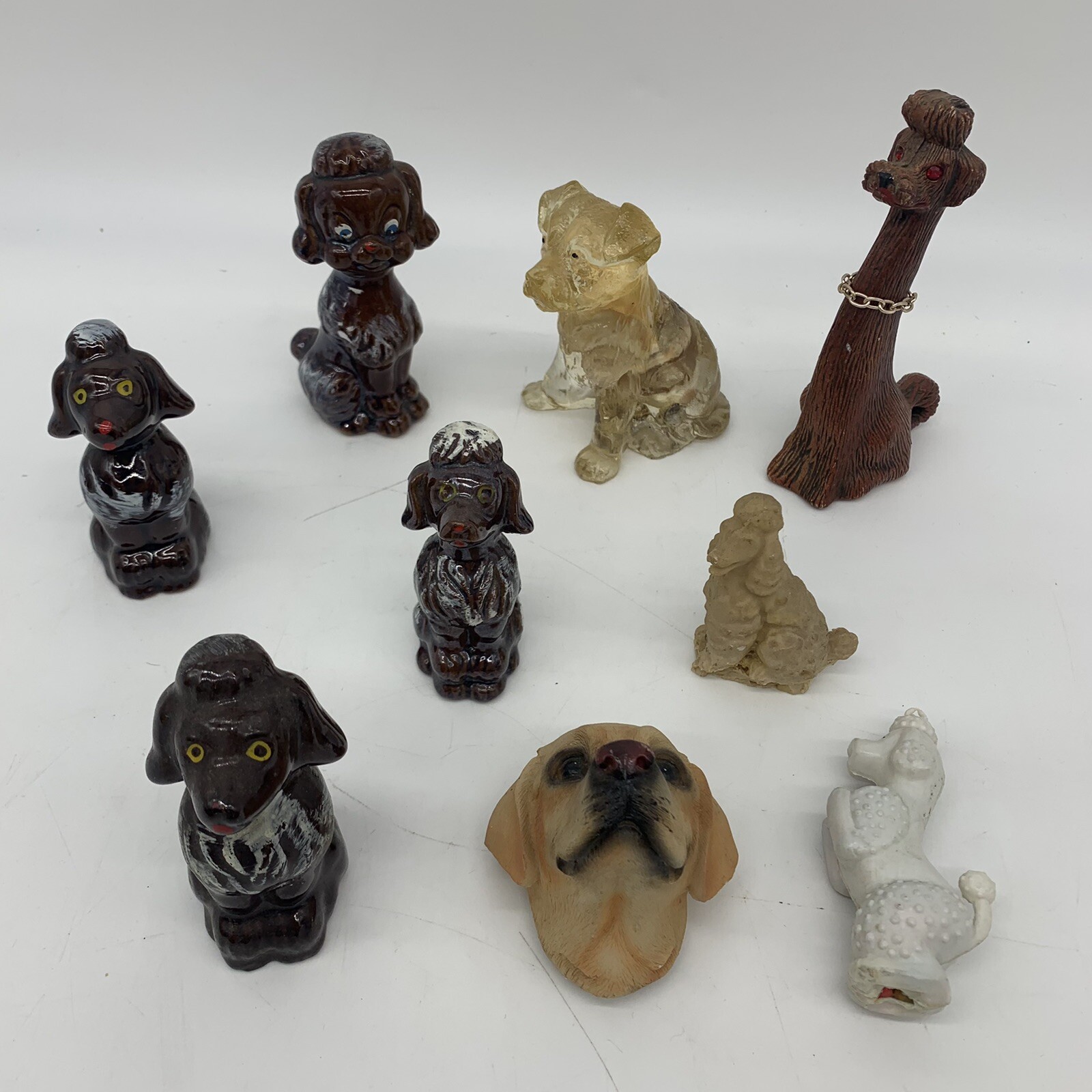 9 pc. VTG 1950s MCM Labrador & Poodle Dog Figurines – Ceramic Resin & Wood