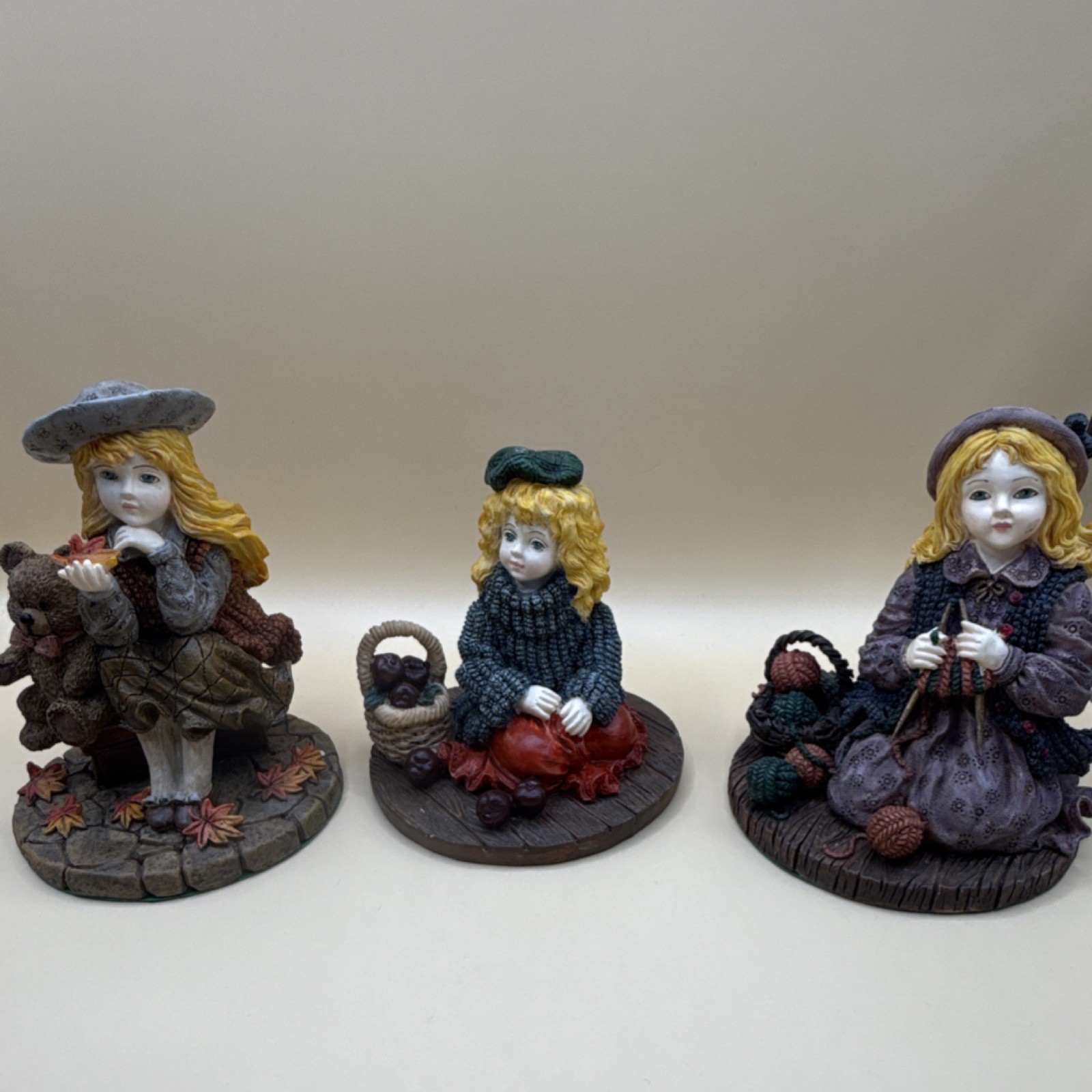 Girl Resin Figurine Set of 3 Painted Carvings Traditional Collectible 1996