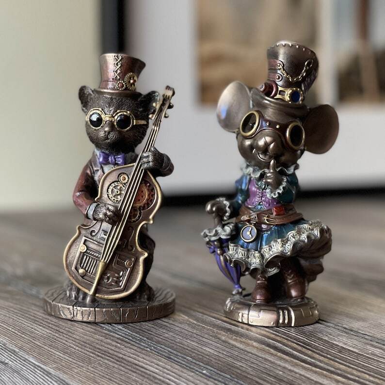 Victorian Steampunk Mouse Statue – Lady Mouse with Parasol, Detailed Decor