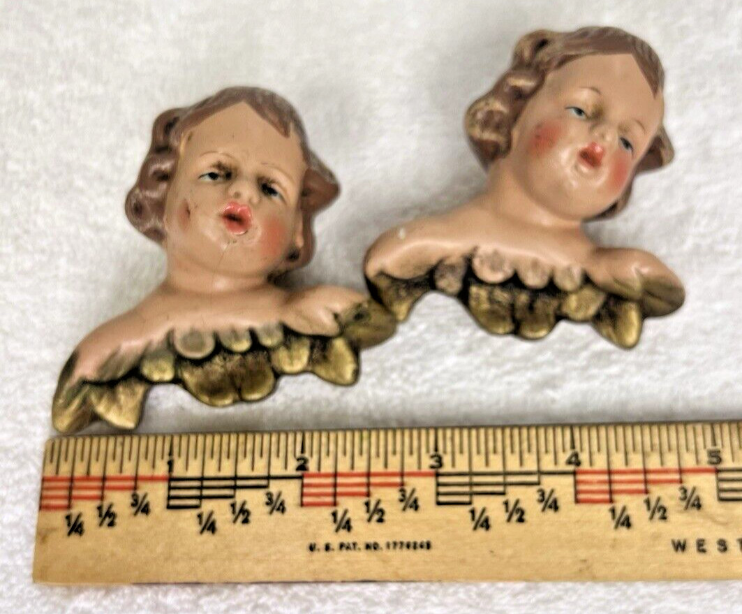 2 West Germany Angel Cherub Hand Painted Bust Blue Eye’s Ornament 2 3/4″