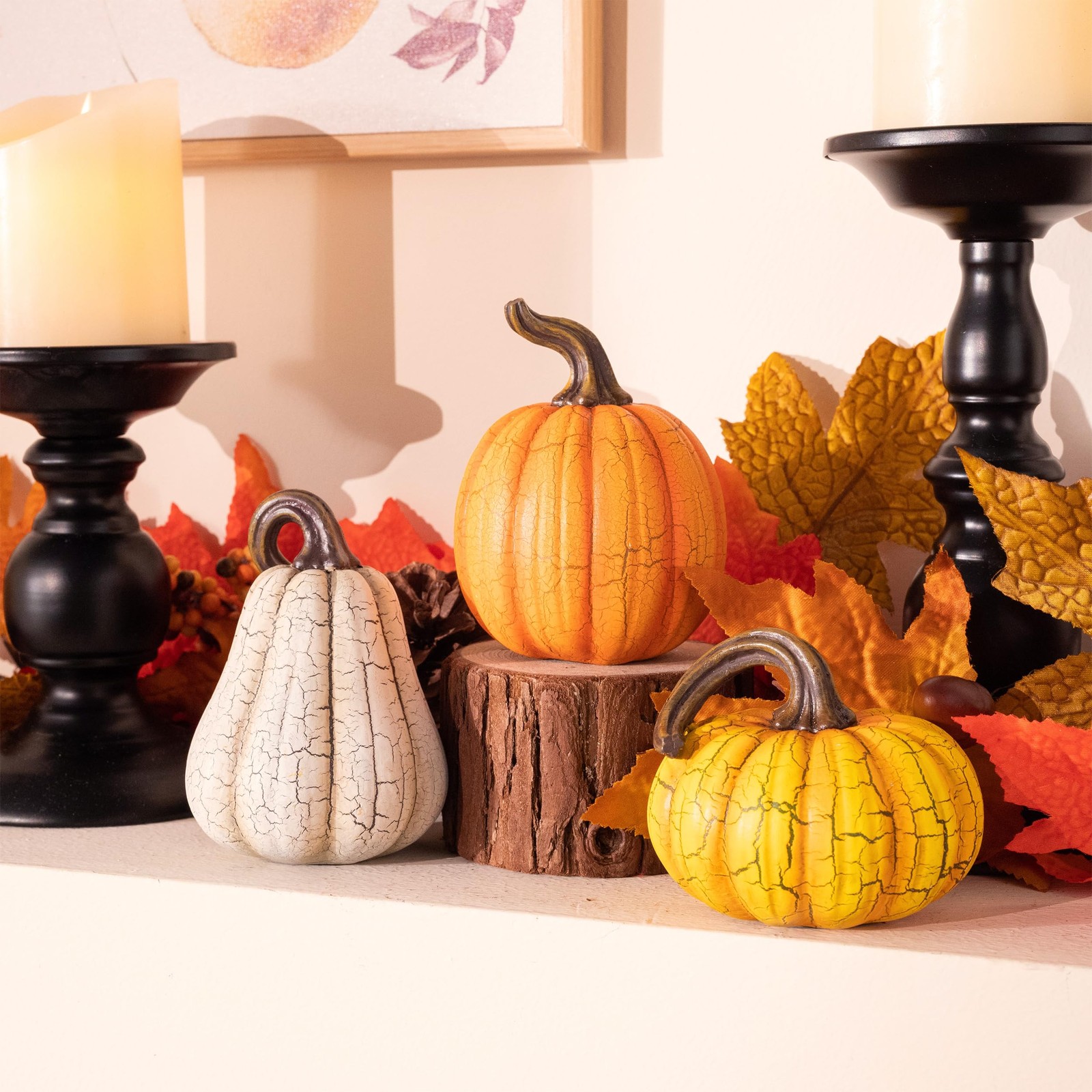 3 PCS Fall Decorations For Home Resin Cracked Pumpkin Decor Autumn 5 Inch