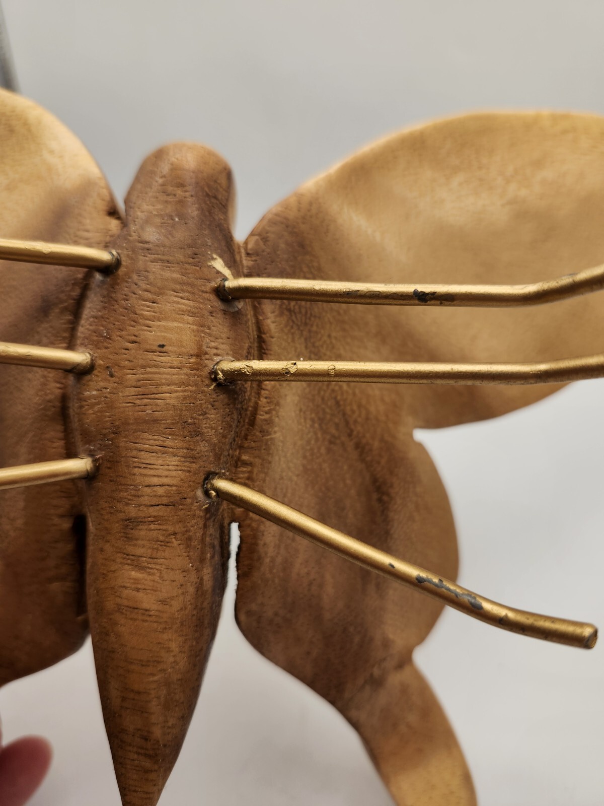 Carved Wood Butterfly Metal Gold Tone Legs Boho Decor