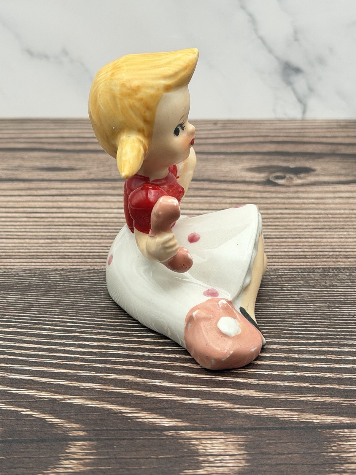 Teen Girl On Phone Blonde Pigtails Red Polka Dot Dress Japan Collectible