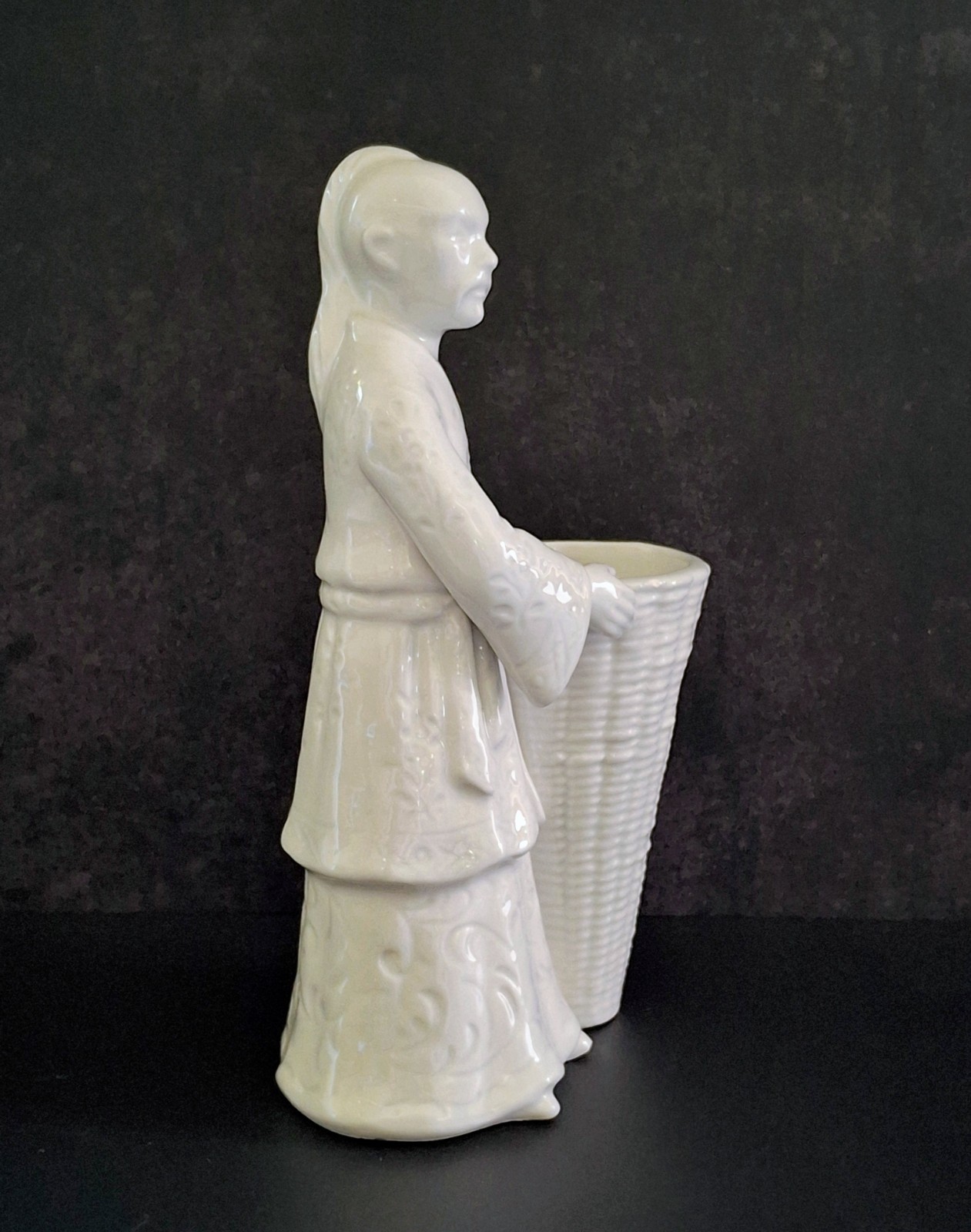 Fitz & Floyd White Blanc de Chine Character Chinoiserie Asian Man w/Basket 7.5”