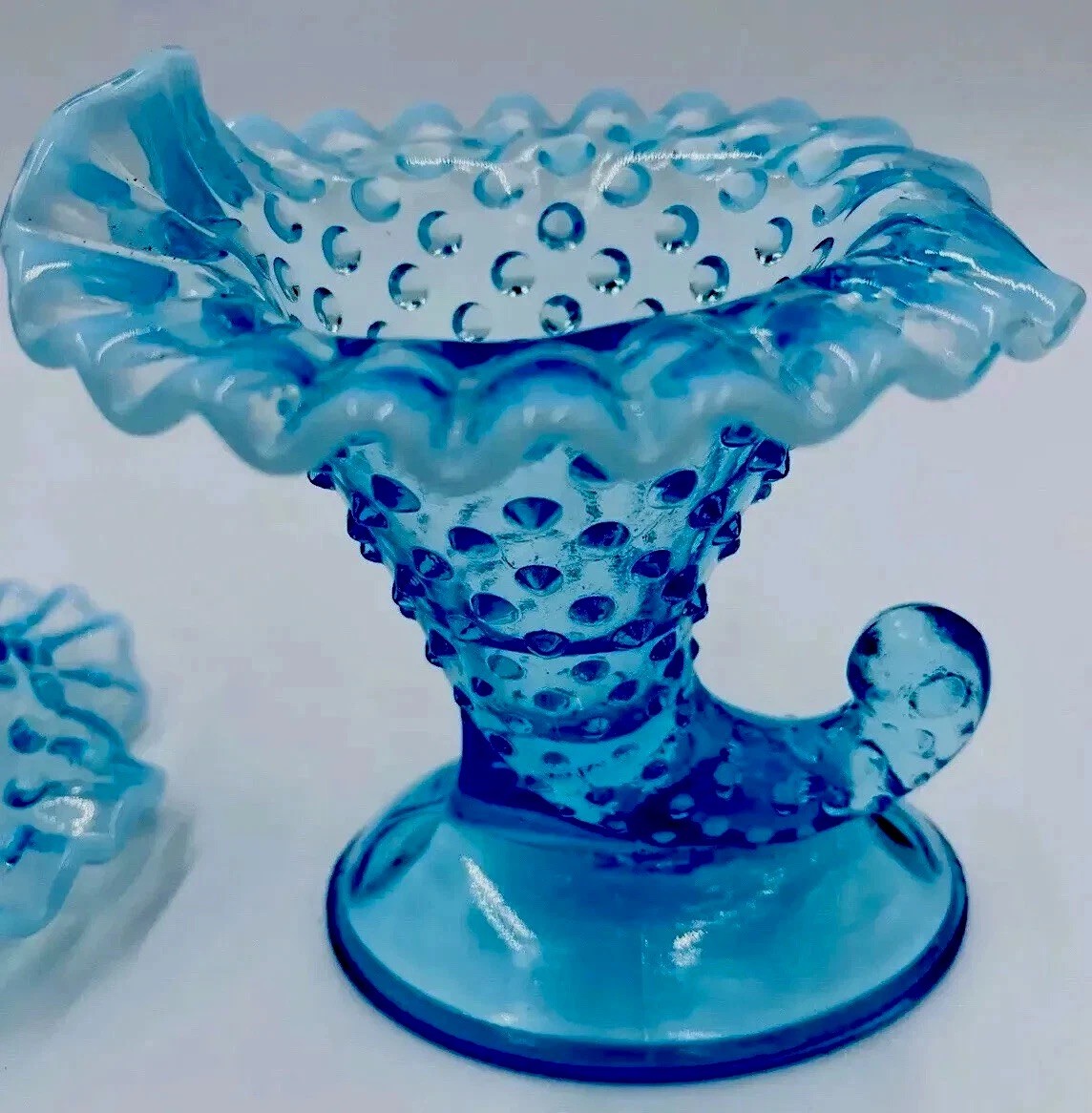Lot 4 Fenton Hobnail Blue Opalescent Pitcher Cornucopia Candle Holders Bowl