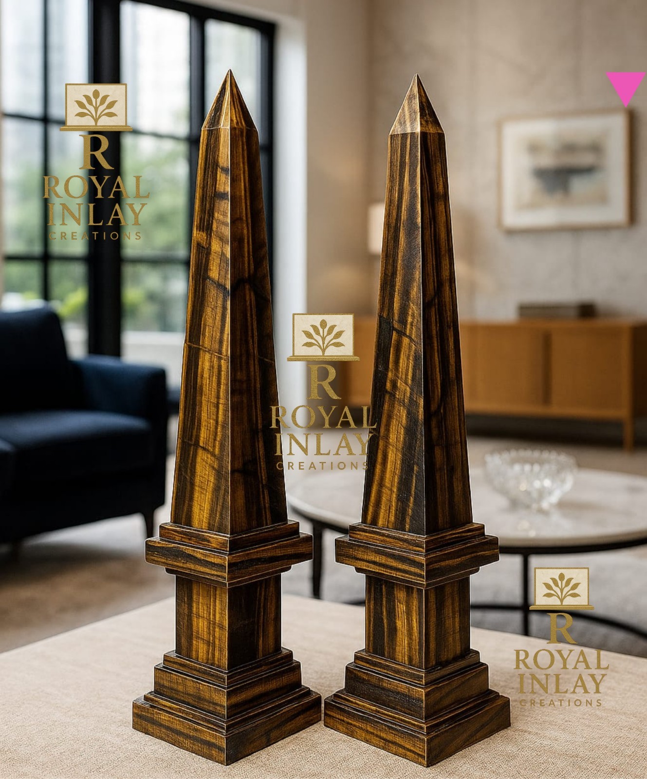 Tiger Eye Obelisks (Pair) | Hand-Carved Crystal Sculptures |Luxury Decor 18″