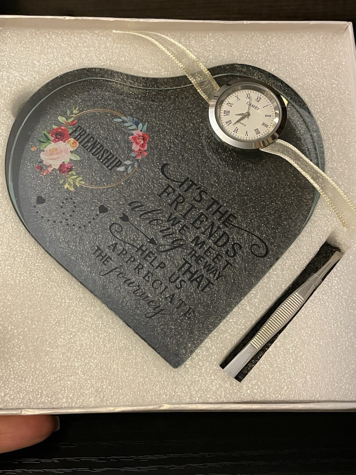 Crystal Glass Friendship Heart Floral With Clock Birthday Best Friends Sisters