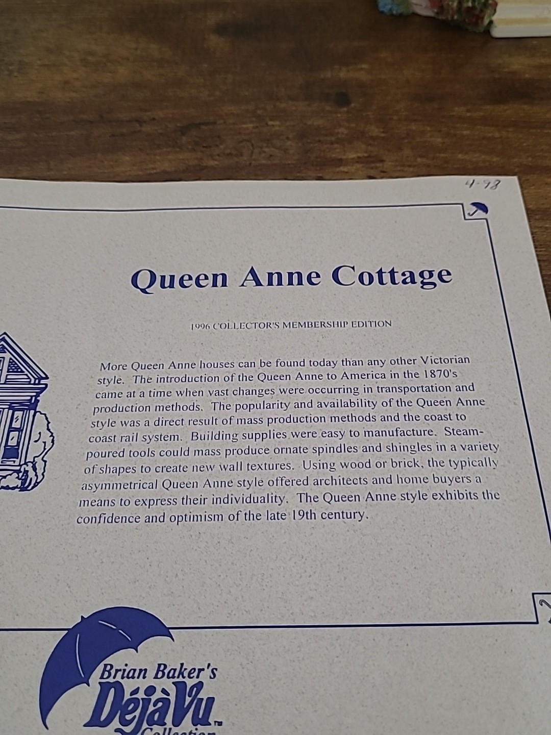 Brian Baker Deja Vu 1676 “Queen Anne Cottage” COA & Signed Collector’s Club