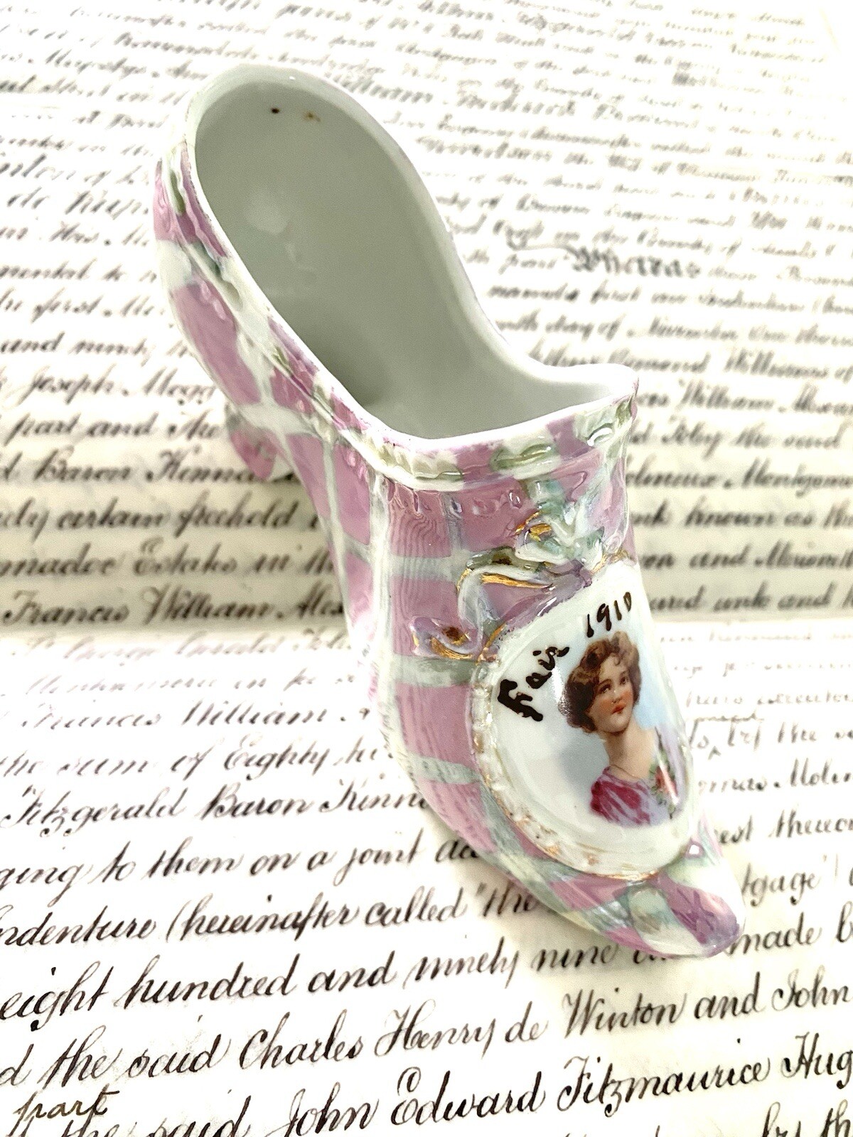 Antique Porcelain Souvenir Shoe Portrait Of Lady-Fair 1910 Made In Germany