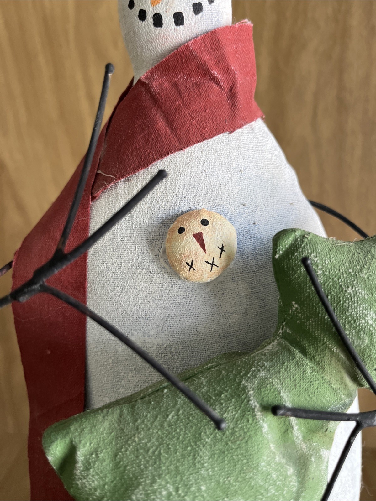 Painted Fabric Folk Art Rustic Snowman W Tree Christmas Decor Weighted 24”