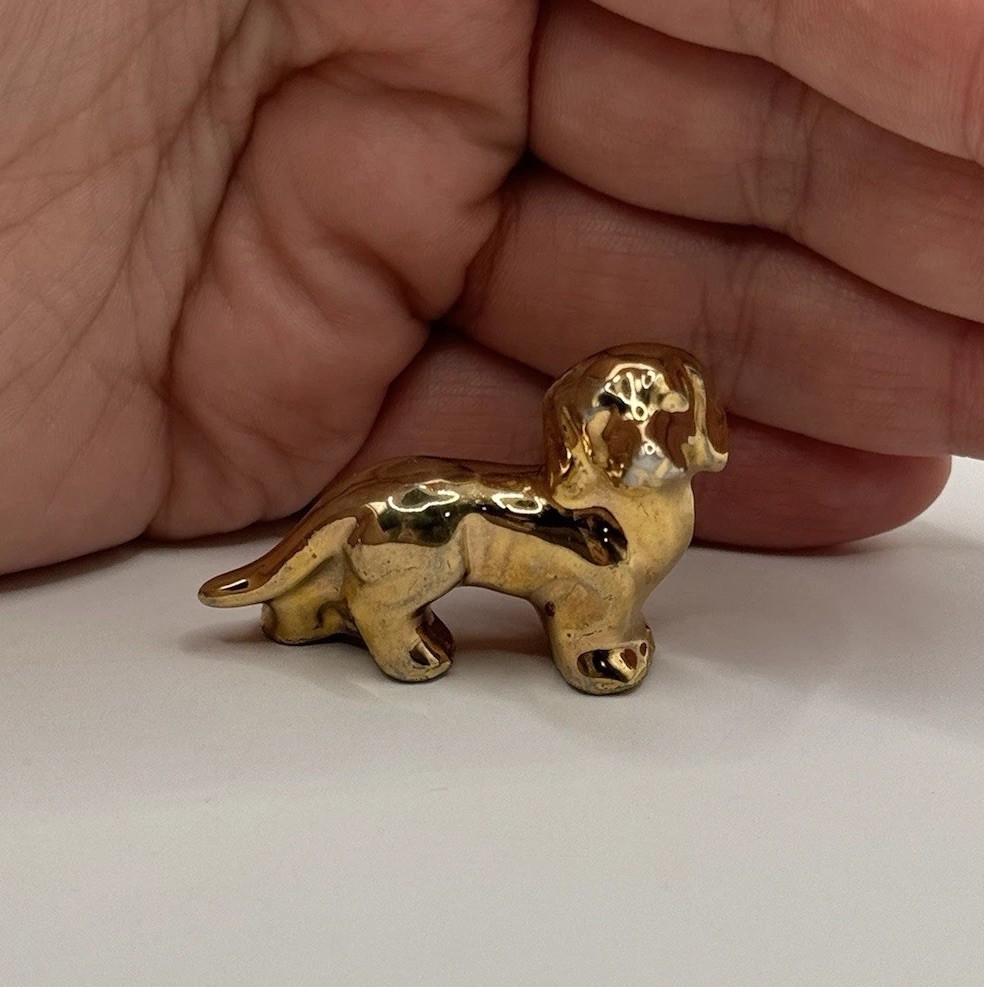 Vintage Antique Gold Tone Dog Miniature Trinket Unique Figurine Worn***
