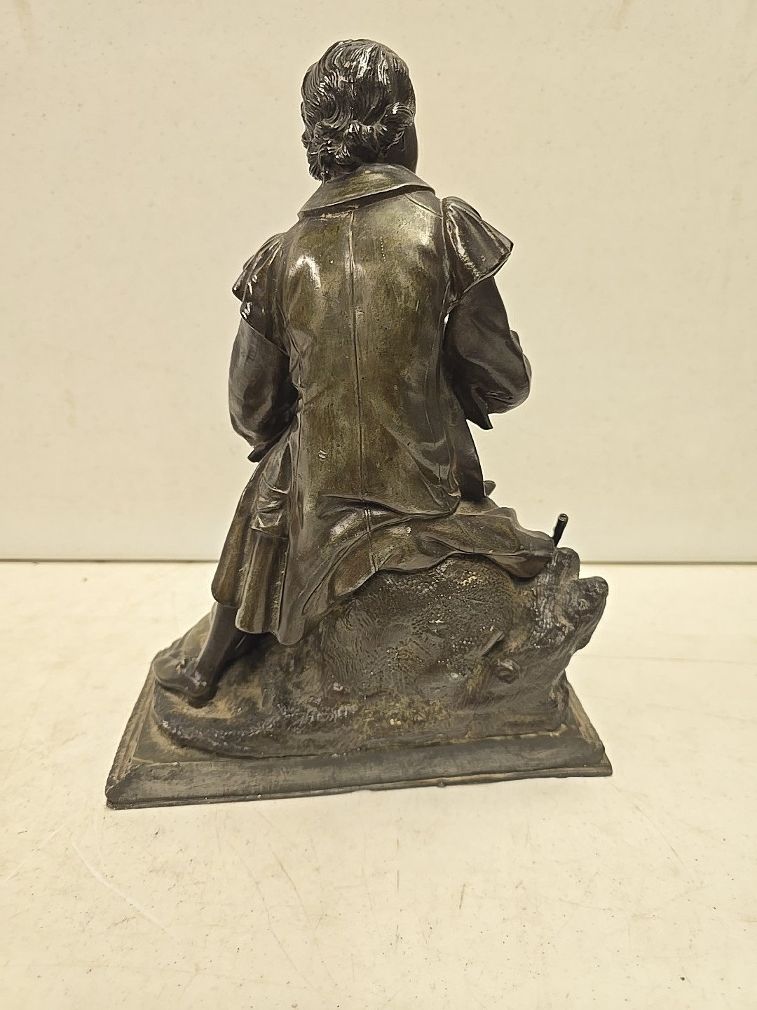 Antique 14″ Victorian European Spelter Sculpture Of Piper Man With Dog Statue