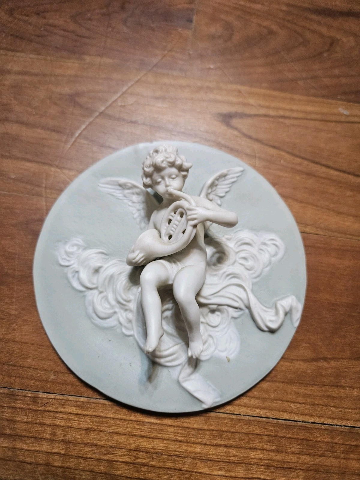 Antique Volkstedt ? Jasperware Bisque Porcelain Wall Plaque Cherub French Horn