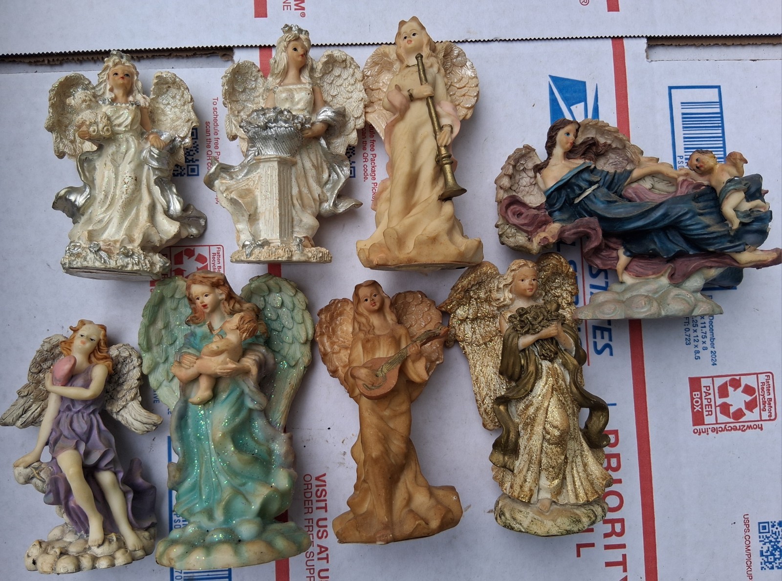 Vtg K’s Collection Angel Figurines Lot of 8 Resin Gold Silver Glitter Christmas