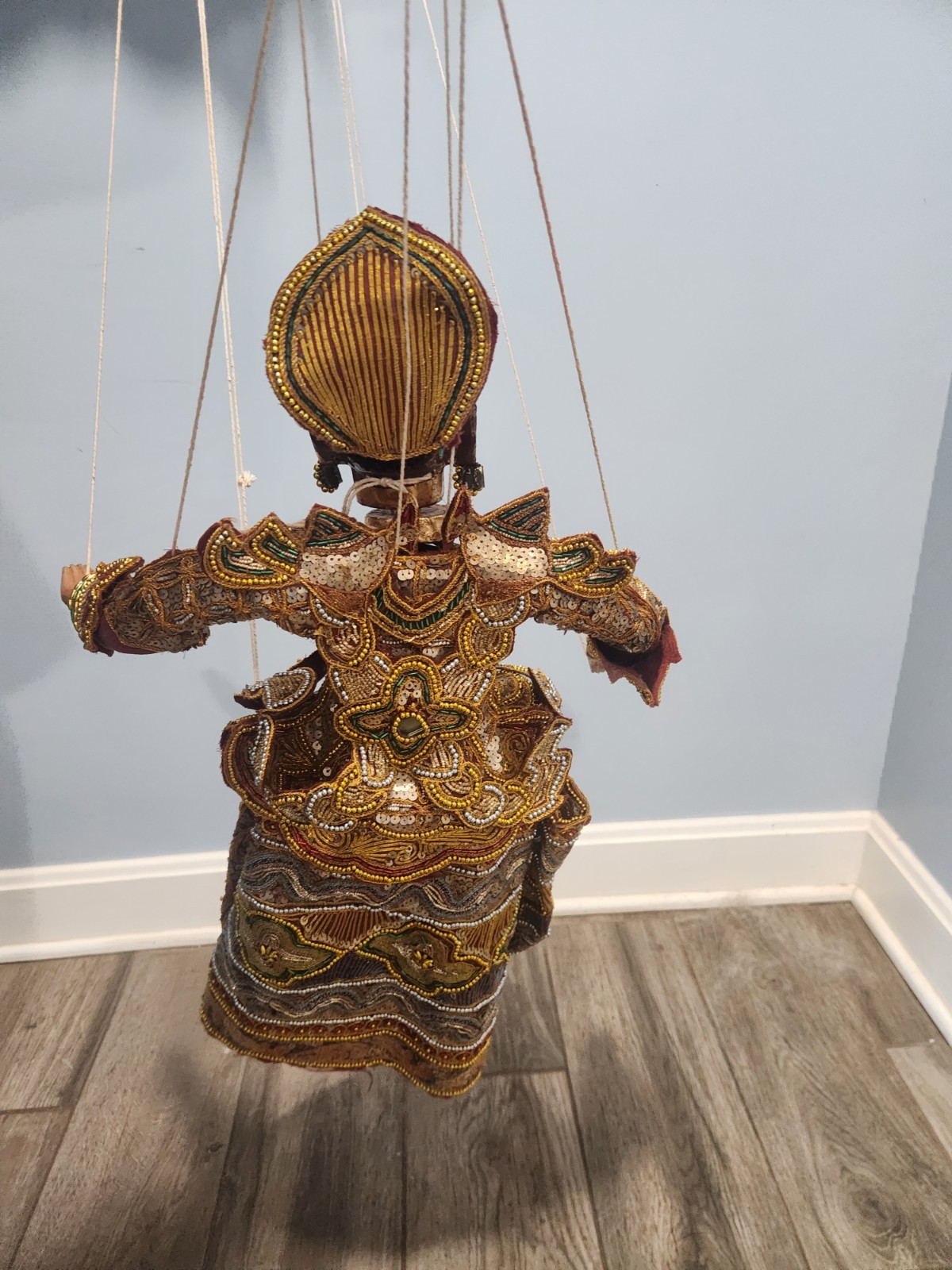 Vintage Marionette Wood Burmese Puppet Folk Art Gold In Color Female 20 Inches