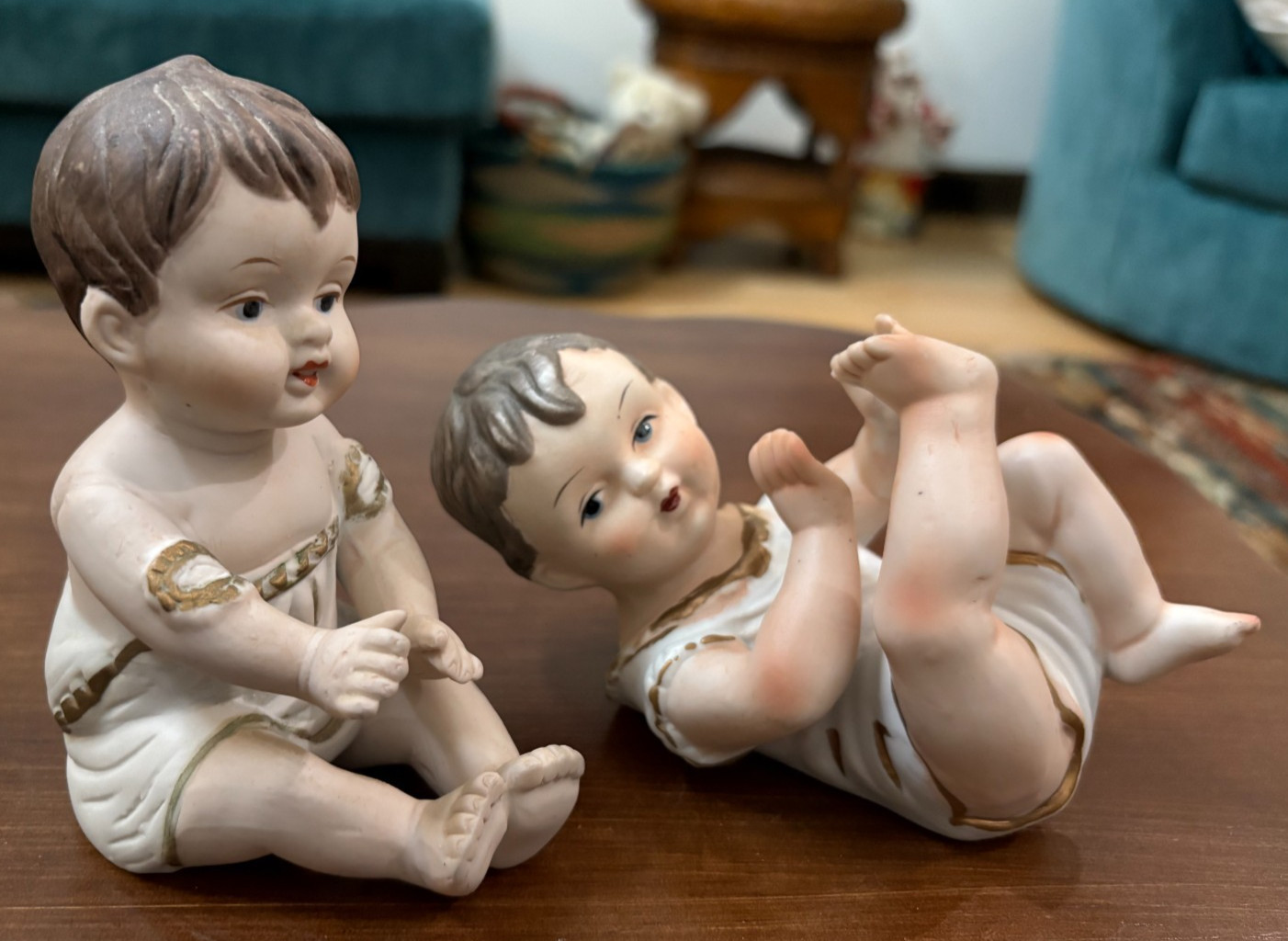 TWO 1940s 1950s vintage piano baby boy porcelain bisque figurine, SET OF 2