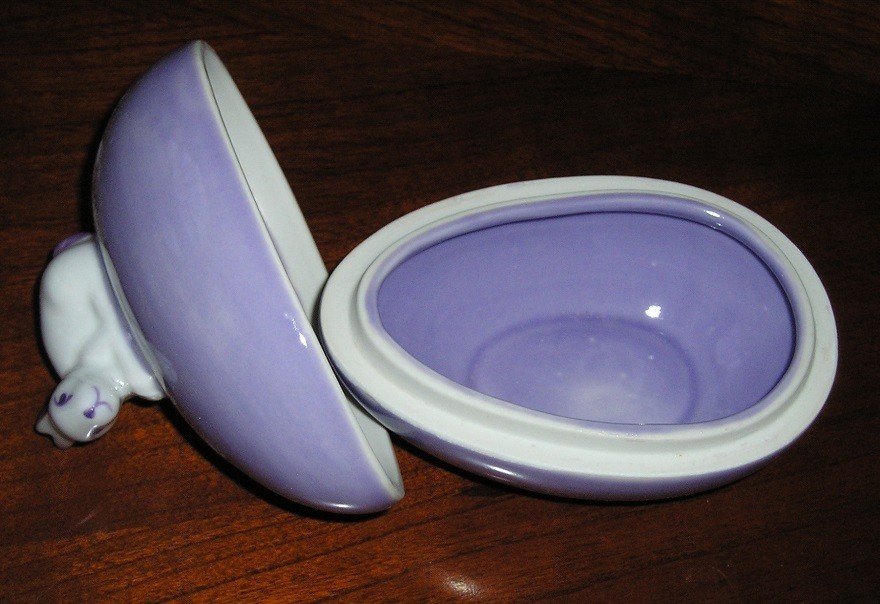 BUNNY Egg Shaped Candy Box Easter Purple Porcelain Sadek #20559 NIB