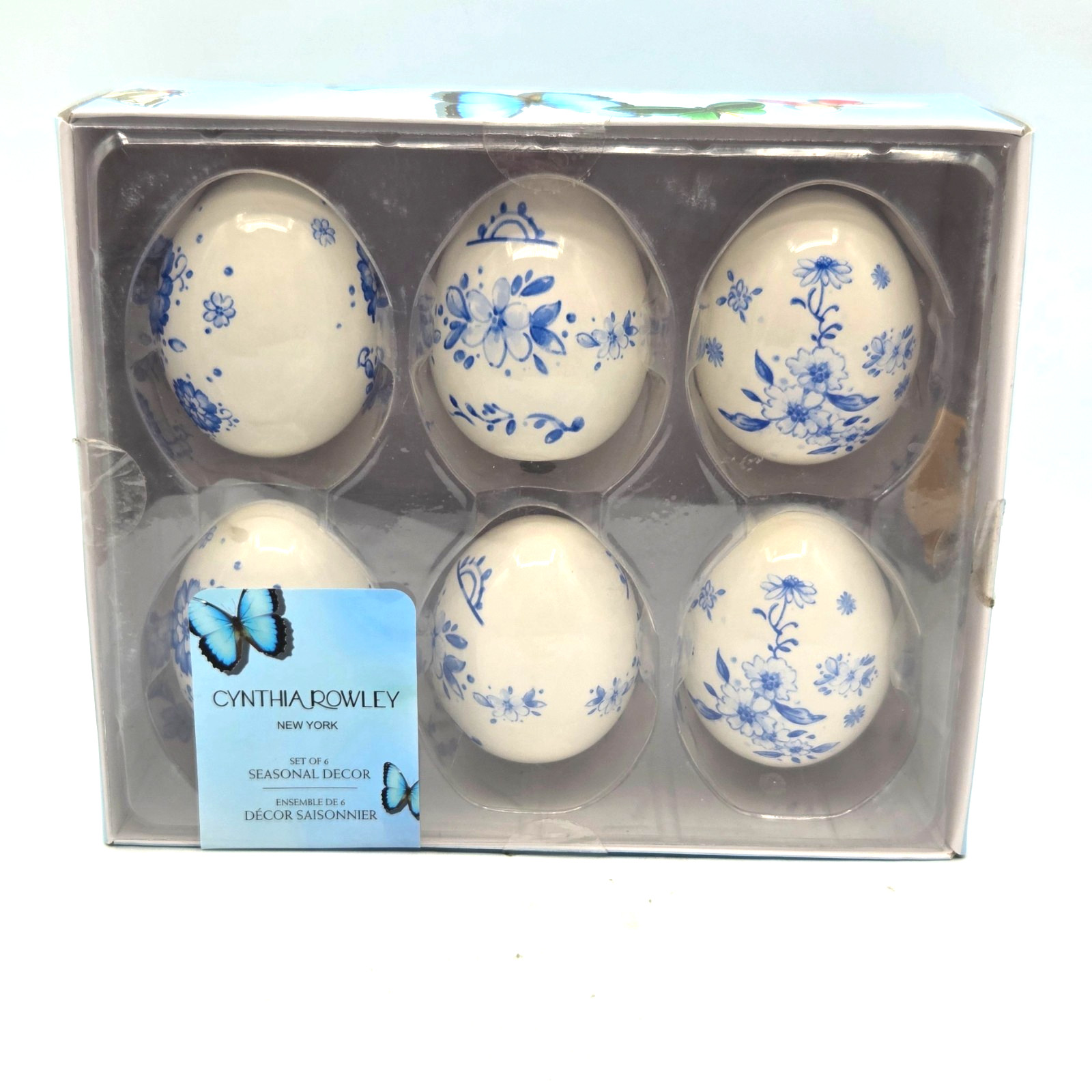 CYNTHIA ROWLEY Lot of 6 Porcelain Chinoiserie EASTER EGGS Blue & White Floral
