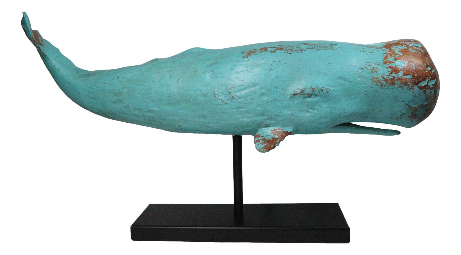 Abstract Art Blue Sperm Whale Fish Faux Distressed Wood Sculpture On Stand 30″L