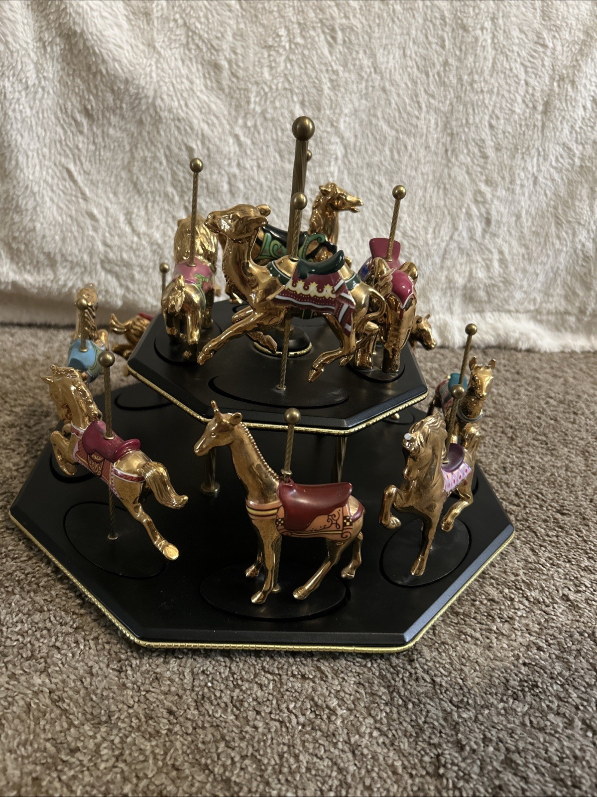 Vintage Franklin Mint Golden Carousel With Display Stand. Various Animals